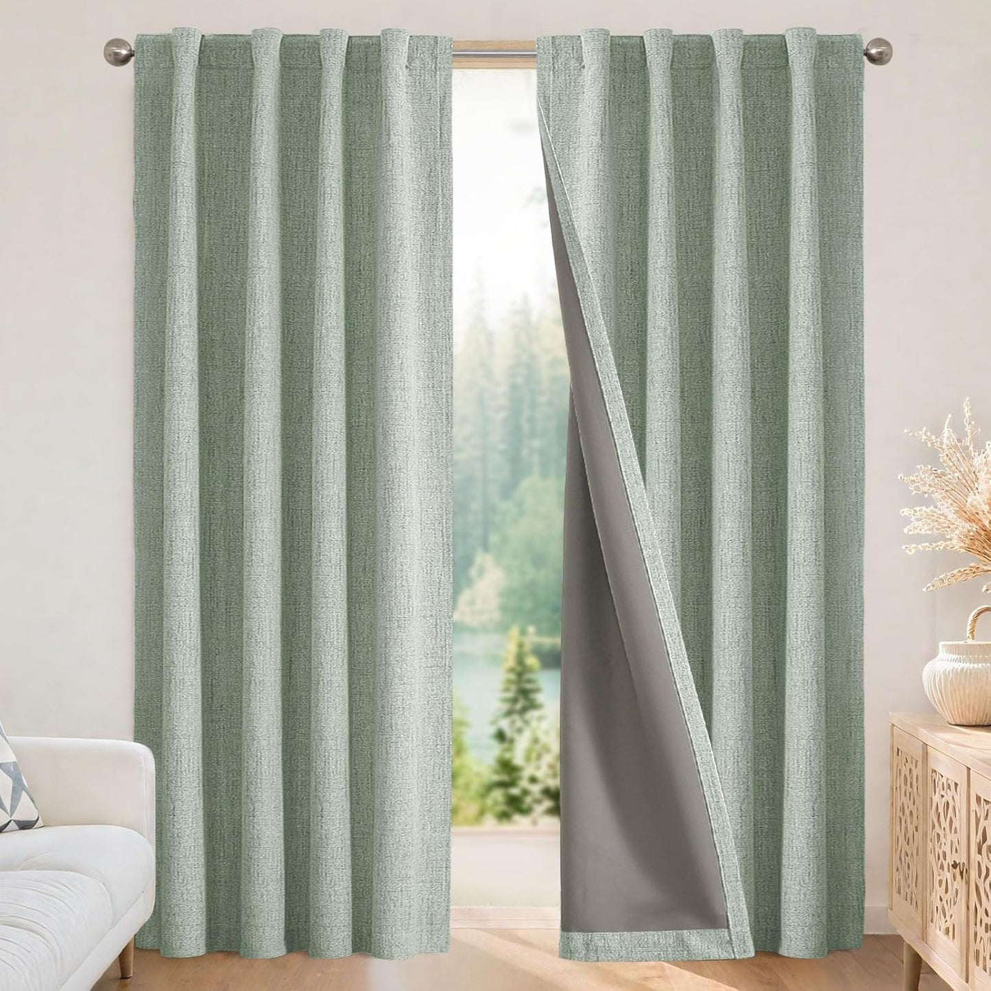 Joydeco 100% Blackout Curtains for Bedroom - Natural Linen Curtains 52" W x 108" L Long, Thermal Insulated 2 Panels Light Blocking Drapes, Rod Pocket & Back Tabs, Darkening Privacy for Living Room