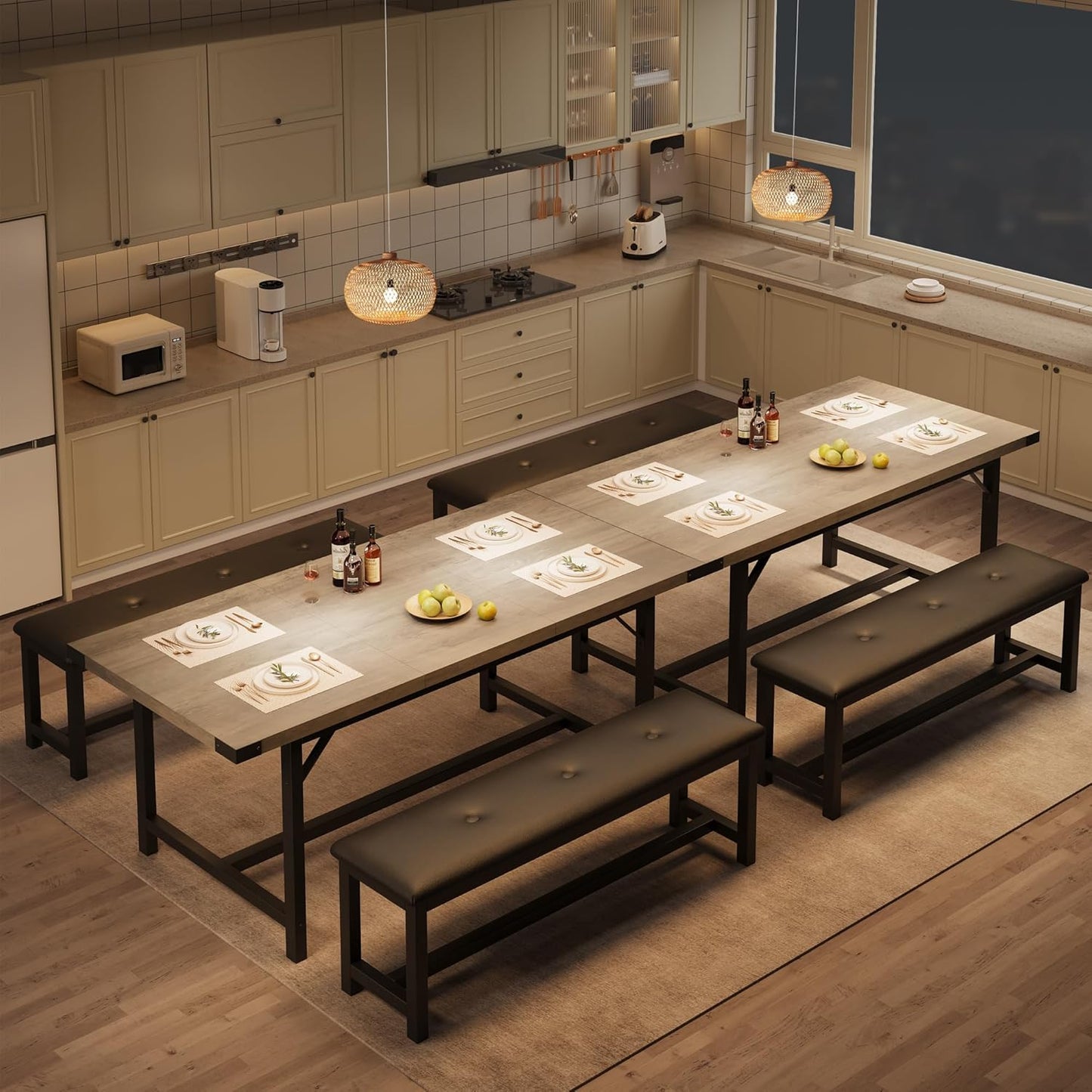 3-Piece Dining Table Set for 4-6 People, Extendable Kitchen Table Set with 2 Upholstered Benches, Dining Room Table Set for Apartment, Kitchen, Living Room, Gray