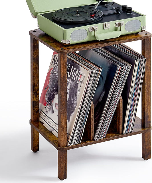 LELELINKY 2-Tier Record Player Stand with Vinyl Record Storage up to 100 Albums, Bedroom Record Holder and Multi-Functional End Table for Living Room, Brown