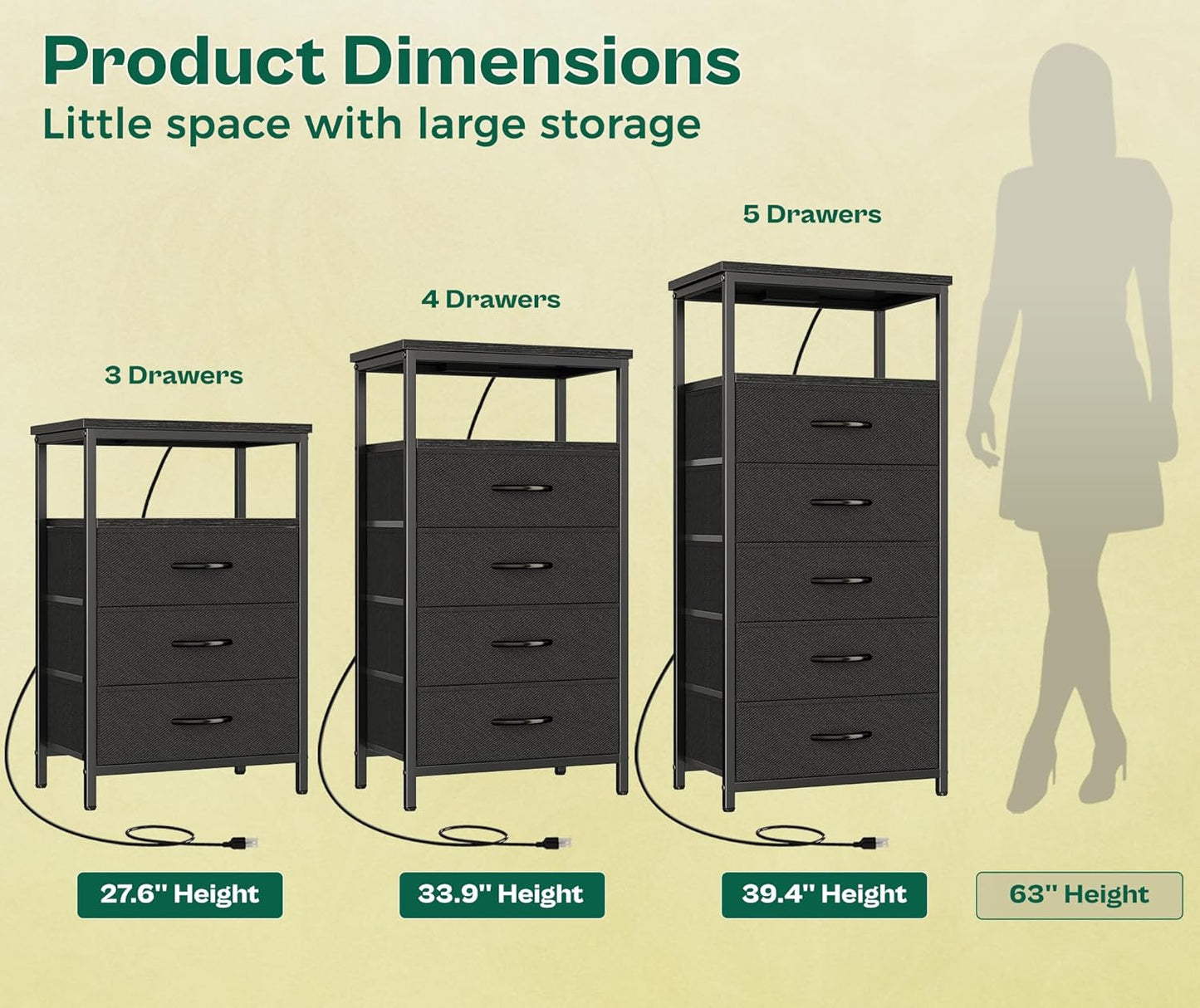 Huuger Night Stand with Charging Station, 4 Drawer Dresser for Bedroom, Bedside Table, 33.9 Inch Tall Nightstand with Open Shelf, End Table, for Closet, Entryway, Bedroom, Black