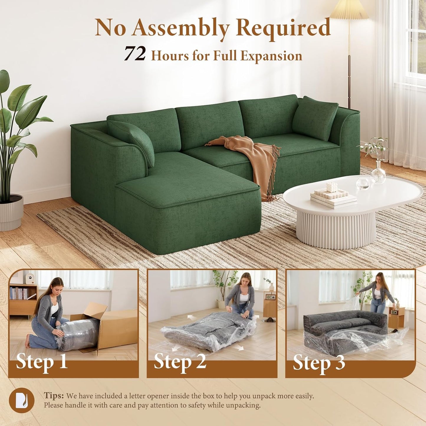 Vesgantti 106" Cloud Couch Sectional Modular Sofa, Deep Seat Comfy Cloud Couch Chenille Memory Foam Sofa Modular Couches for Living Room Bedroom, No Assembly Required (Green, Left-Facing Chaise)