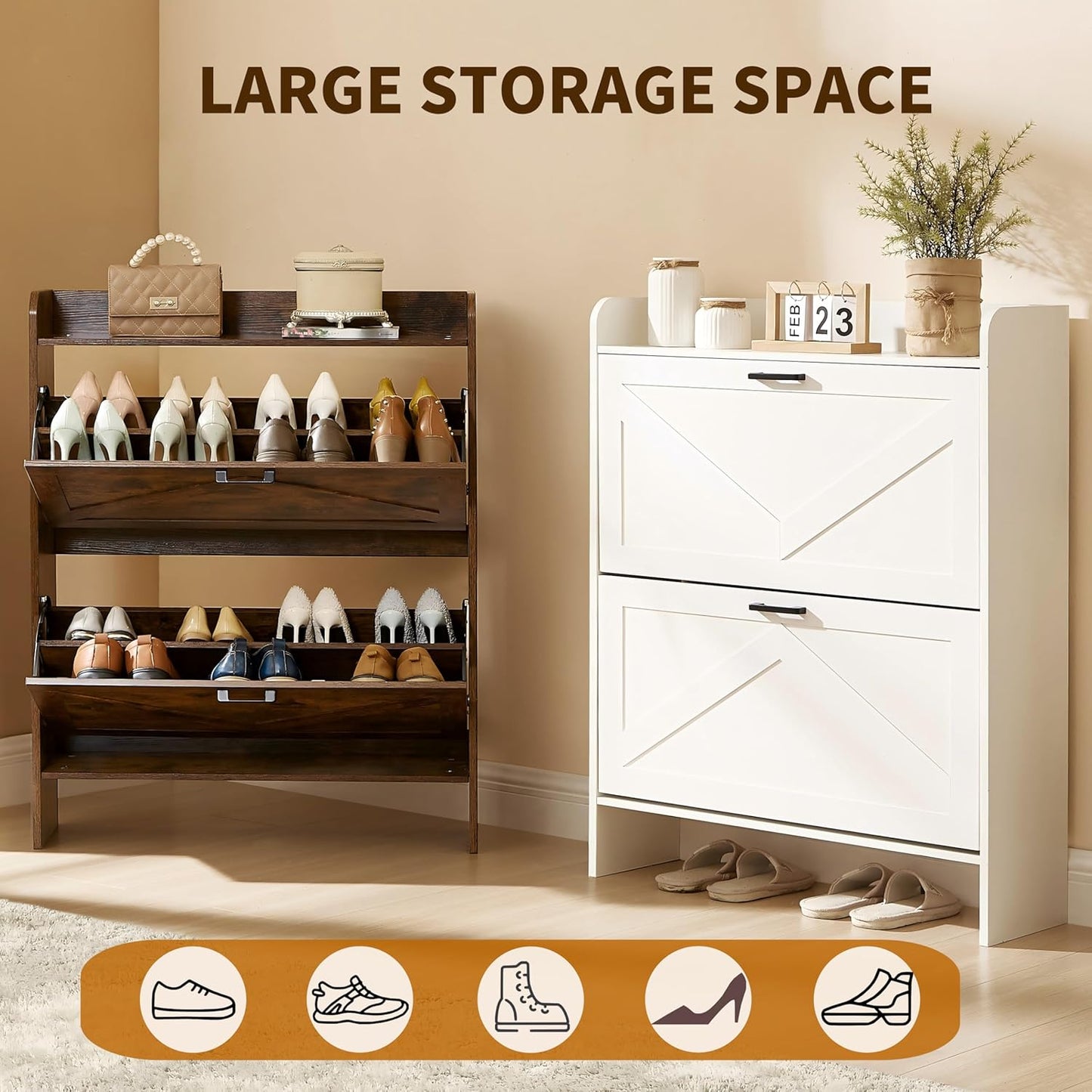 Shoe Storage Cabinet with 2 Flip Drawers, Freestanding Shoe Cabinet Organizer with Metal Flip Frame for Entryway, Hallway, Foyer, Vintage Color