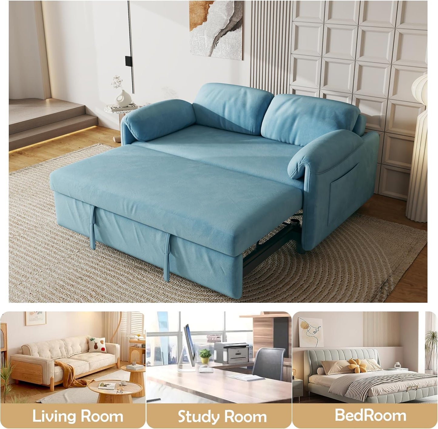 ERYE 3 in 1 Loveseat Sofa Convertible Sleeper Sofabed,Functional Recliner Daybed Love Seat Sofa&Couch W/Pull Out Couch Bed, Reclining Backrest and Pillows Armrests for Office Apartment RV Living Room