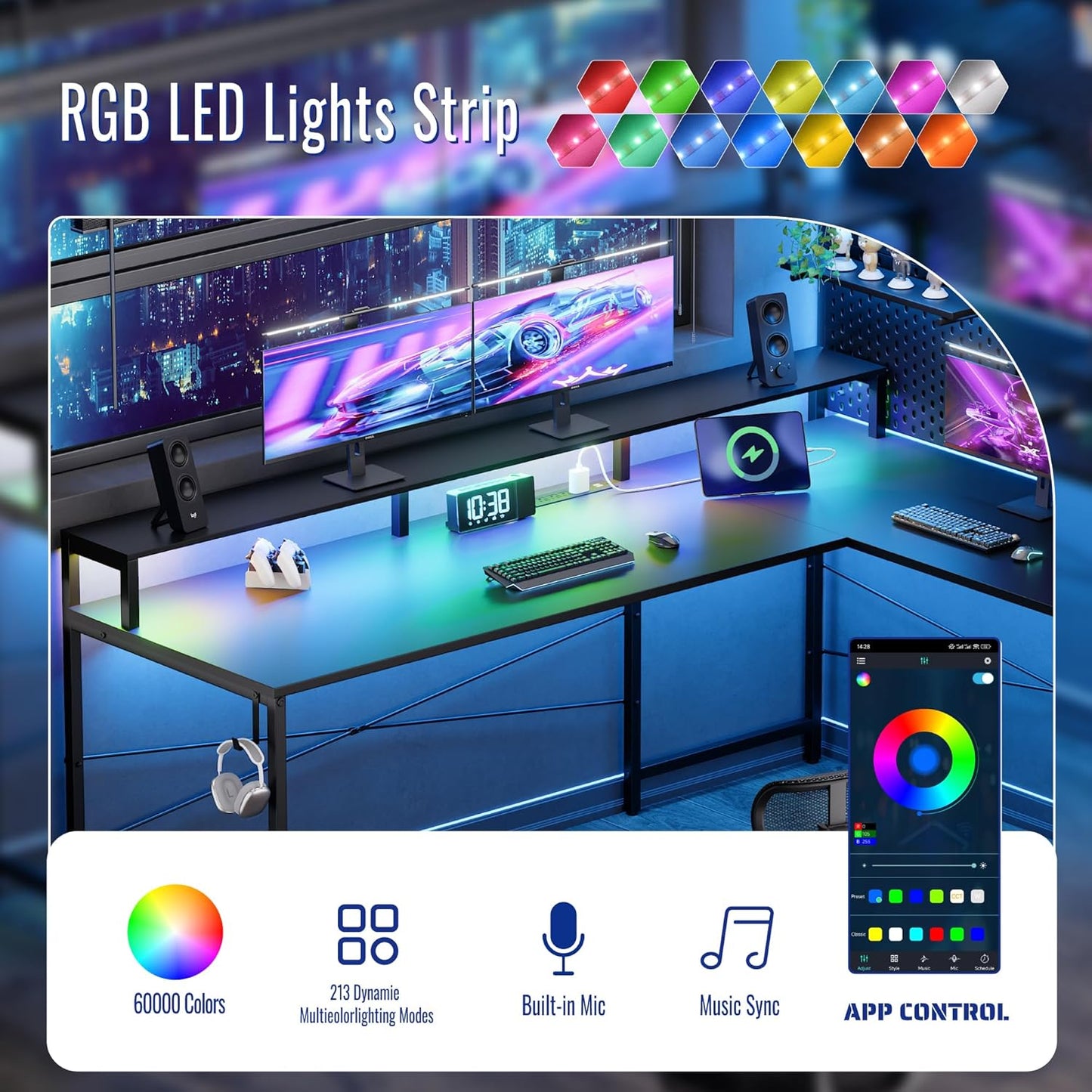 Pamray 64 Inch L Shaped Gaming Desk with Power Outlets and Led Lights, Large Corner Computer Desk with Monitor Stand and Pegboard, PC Table for Home Office and Bedroom Pink