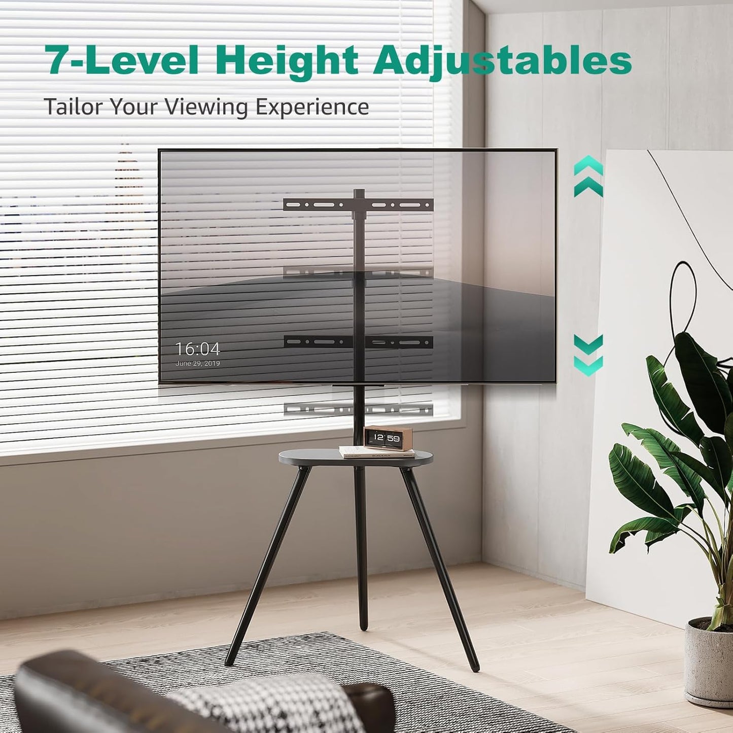 Tripod Easel TV Stand for 43 to 65 Inch LCD Led Screen, Height Adjustable and Swievel TV Stand, Portable TV Floor Stand with Wooden Tray for Bedroom, Living Room, Studio, Metal Black