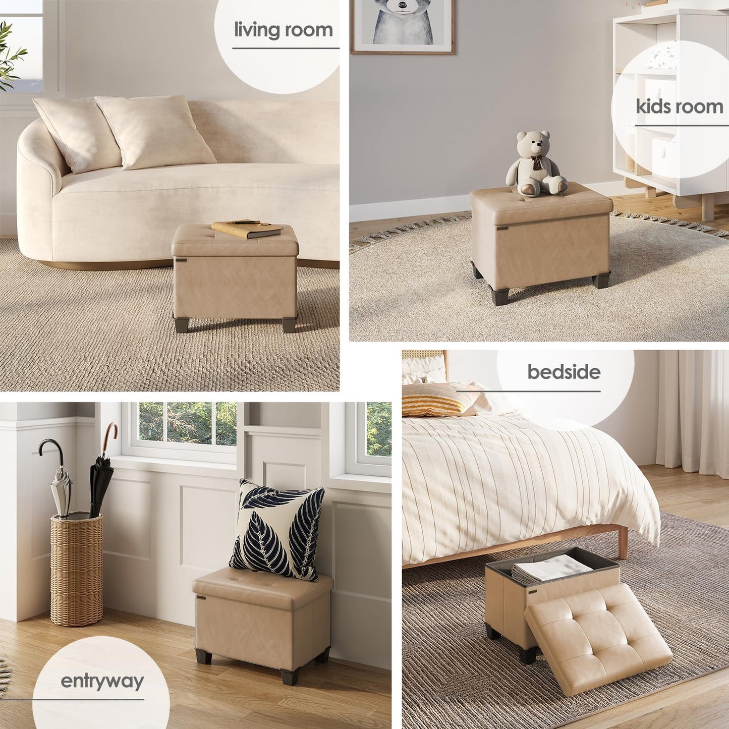 STORAGEBUD Storage Ottoman Cube with Small Bin, 16-in Square Ottoman with Storage for Living Room and Bedroom, Small Ottomans Foot Rest, Faux Leather Foot Stools Ottomans Max 330lbs, Taupe