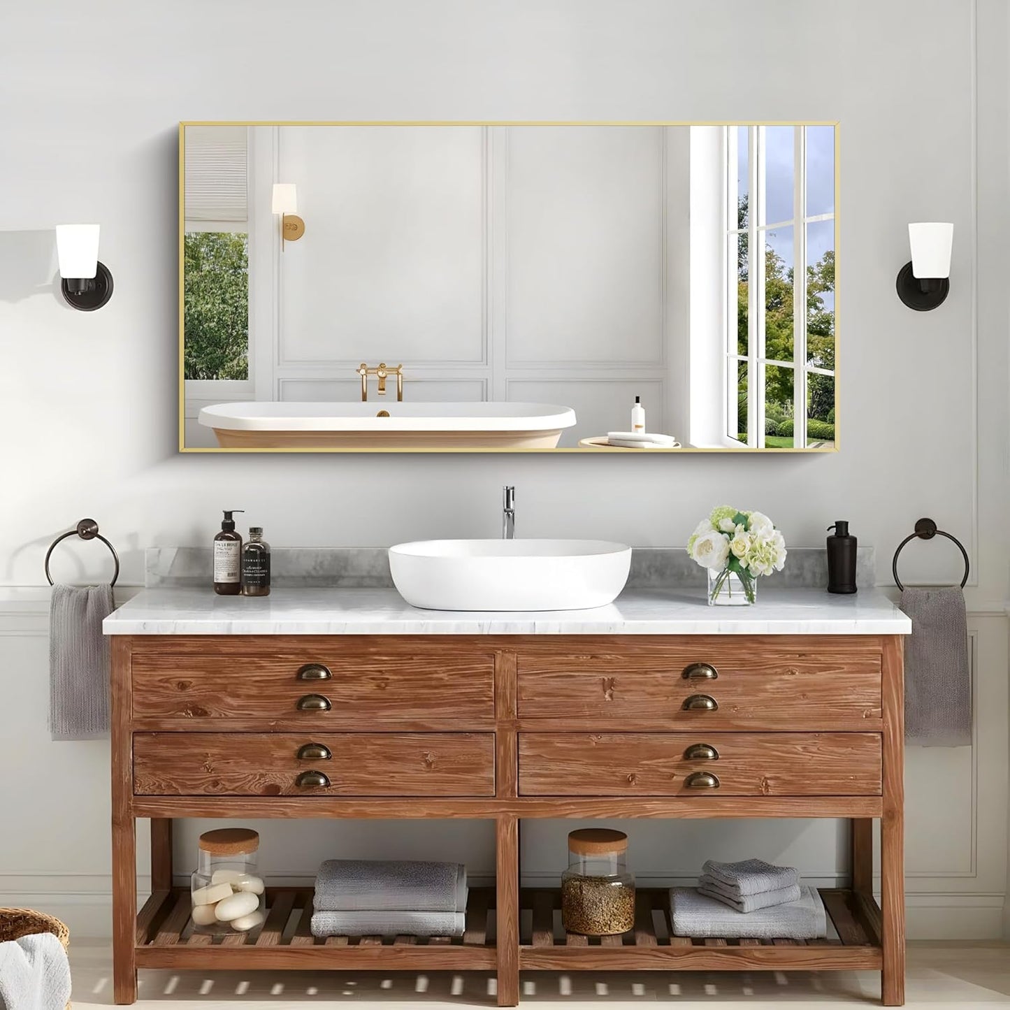 KOCUUY 24x48 Inch Large Gold Wall Mounted Mirror,Aluminum Framed Decorative Rectangular Bathroom Mirror for Wall Over Sink,Vanity Mirror for Bedroom Living Room Bathroom,Functional Oversized Mirror