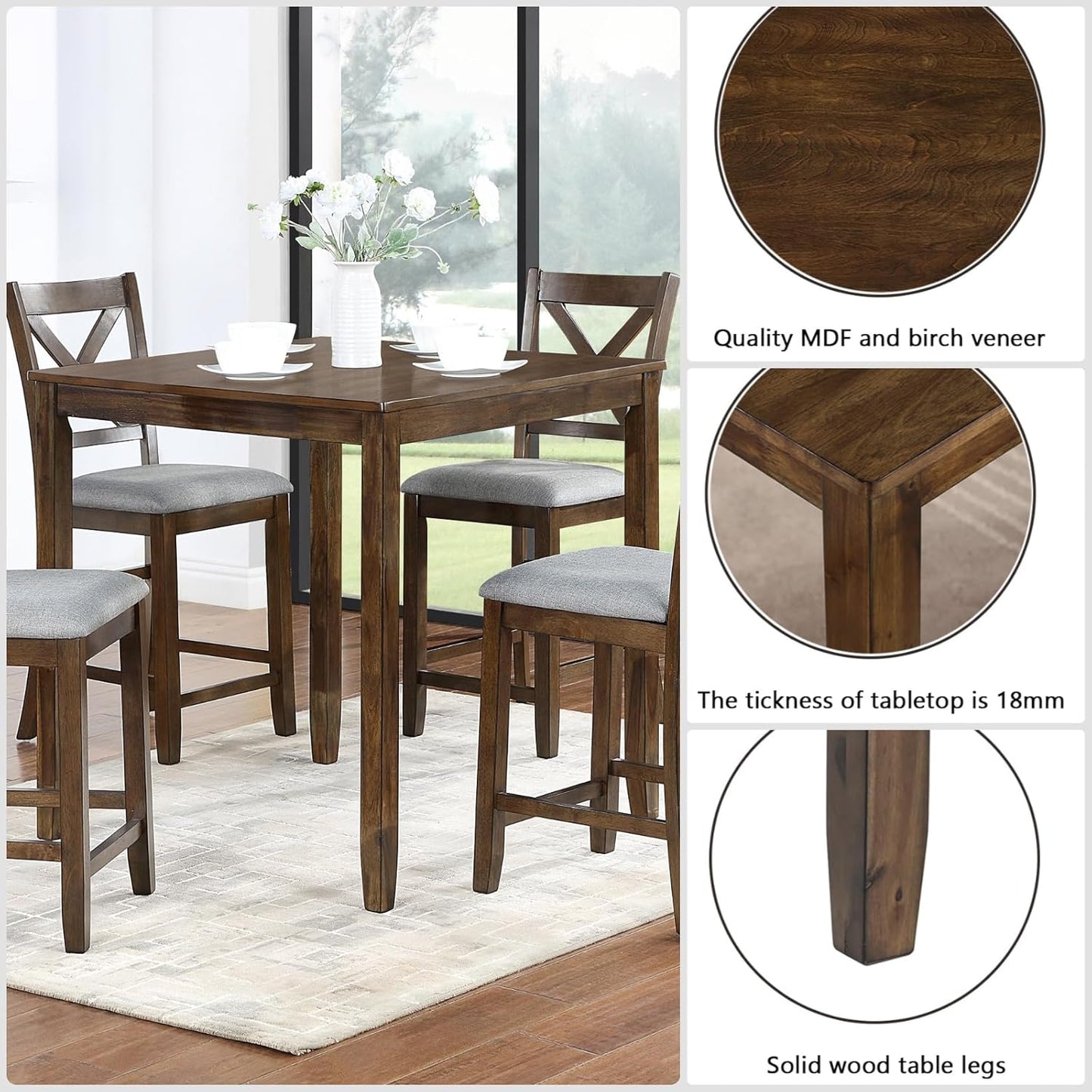 Dining Table Set for 4, Modern 5 Piece Dining Room Table Set with Square Table & 4 X-Shaped Backrest Upholstered Chairs, Counter Height Kitchen Chairs Set for Small Space, Walnut