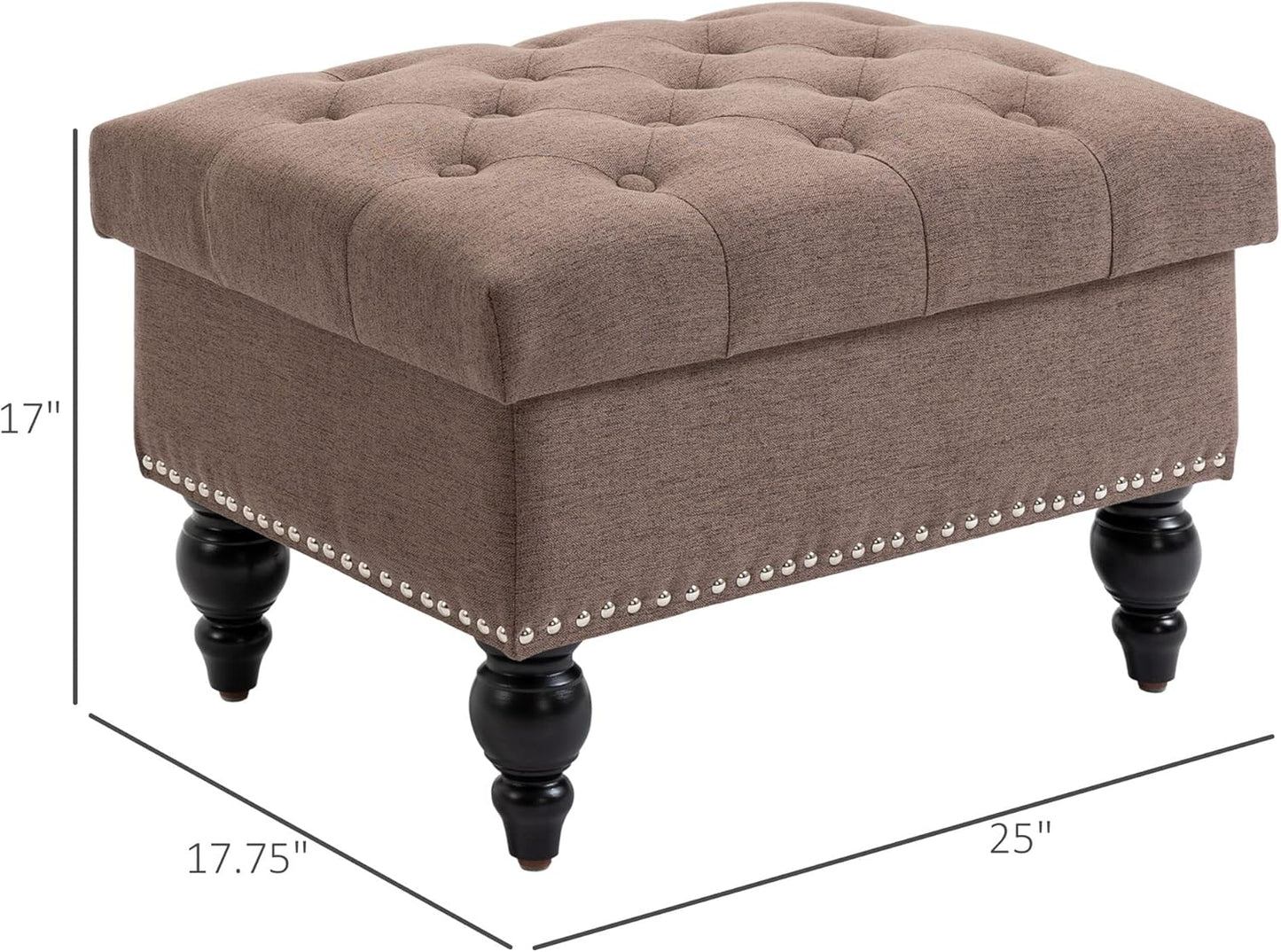 HOMCOM Ottoman with Storage for Living Room, 25" Storage Ottoman with Removable Lid, Button-Tufted Fabric Bench for Footrest and Seat with Wood Legs, Coffee