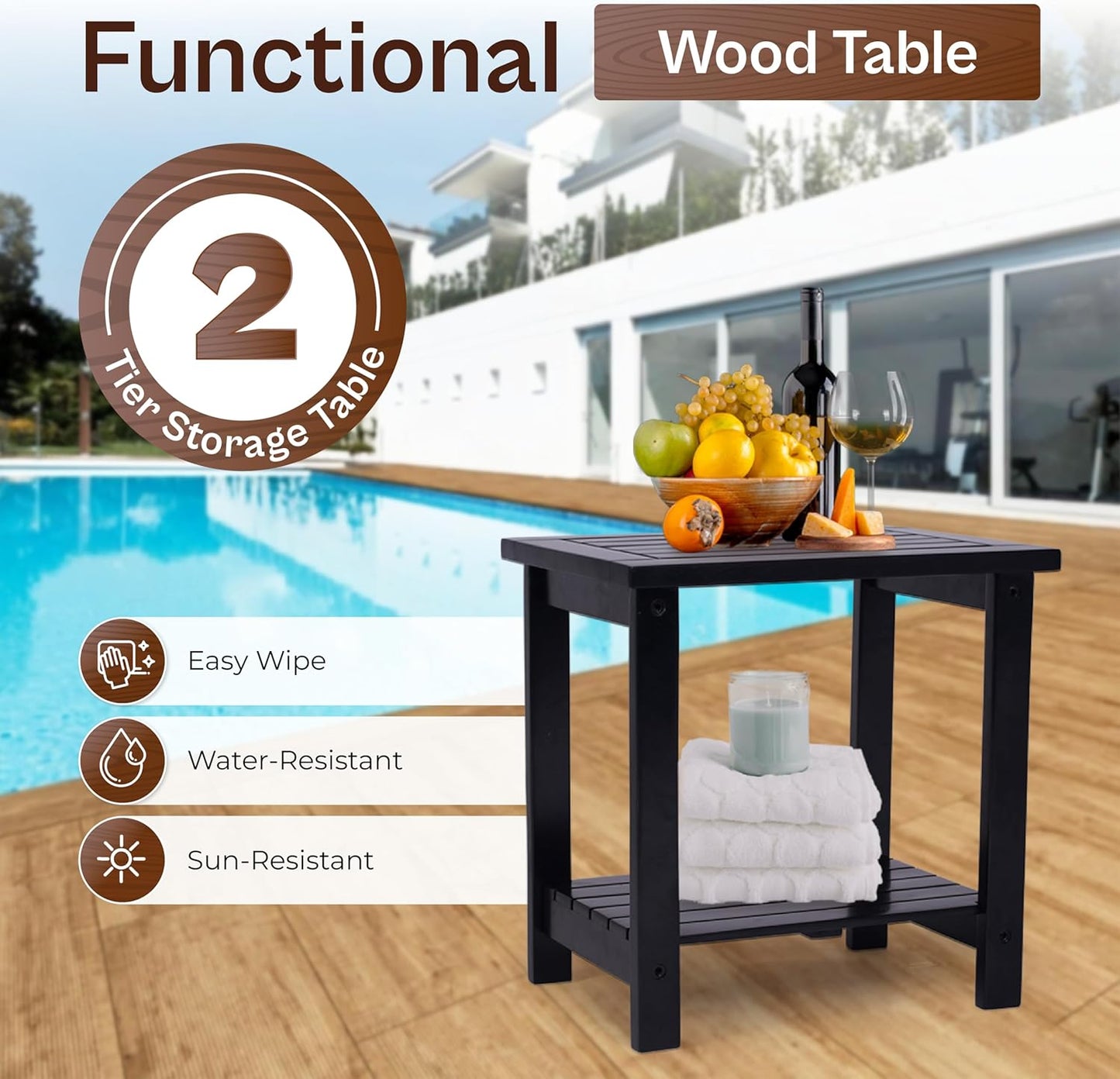 Adirondack Side Table – Weather-Resistant Rectangular End Table for Patio, Garden, Lawn, or Living Room | Indoor & Outdoor Wood Side Table, Rustic Style (Black)