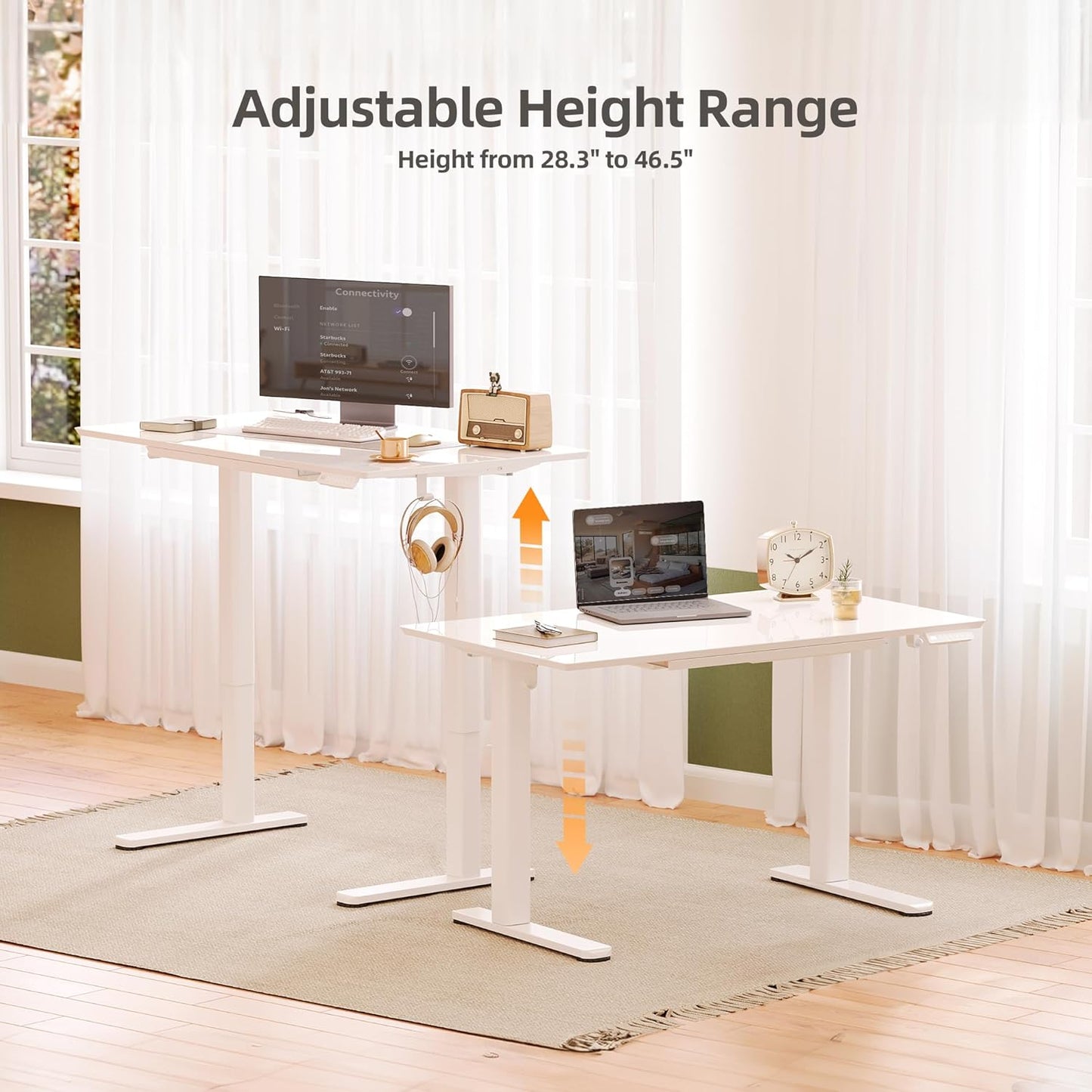 INNOVAR Glass Standing Desk with Drawers, 40×24 Inch Adjustable Stand Up Desk Quick Install Home Office Computer Desk, Super White