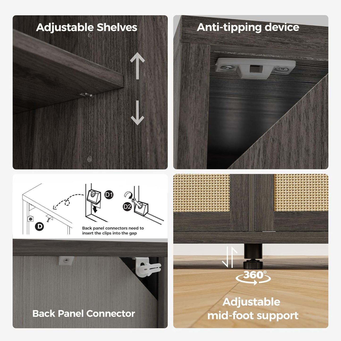 Rattan Buffet Cabinet with Storage, Sideboard with Doors, TV Stand, Farmhouse Side Board Coffee Bar, Modern Wood Storage Cabinets for Livingroom, Kitchen and Dining Room (Black)