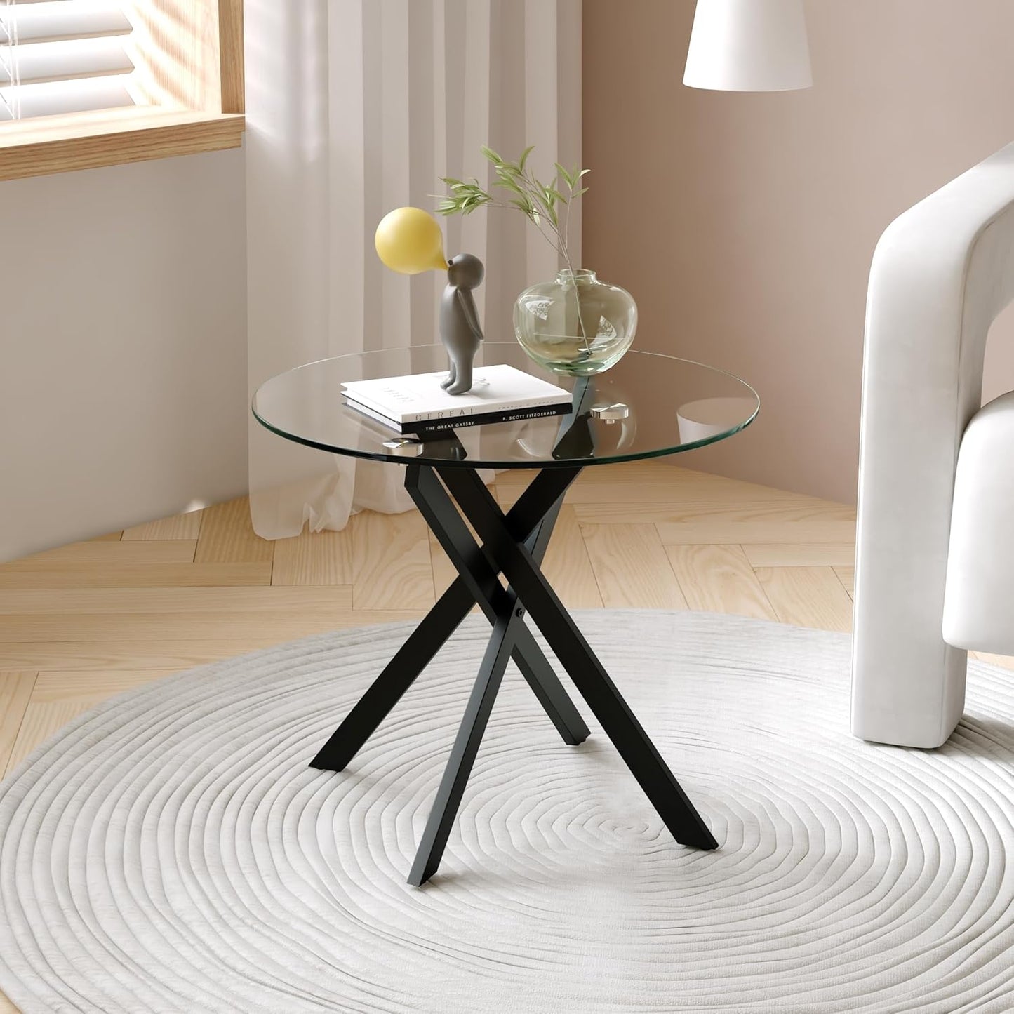 Round Side Table Modern 20 Inch End Table with Tempered Glass Top and Black Metal Legs Stylish Sofa End Table Bed Side Table for Living Room Bedroom