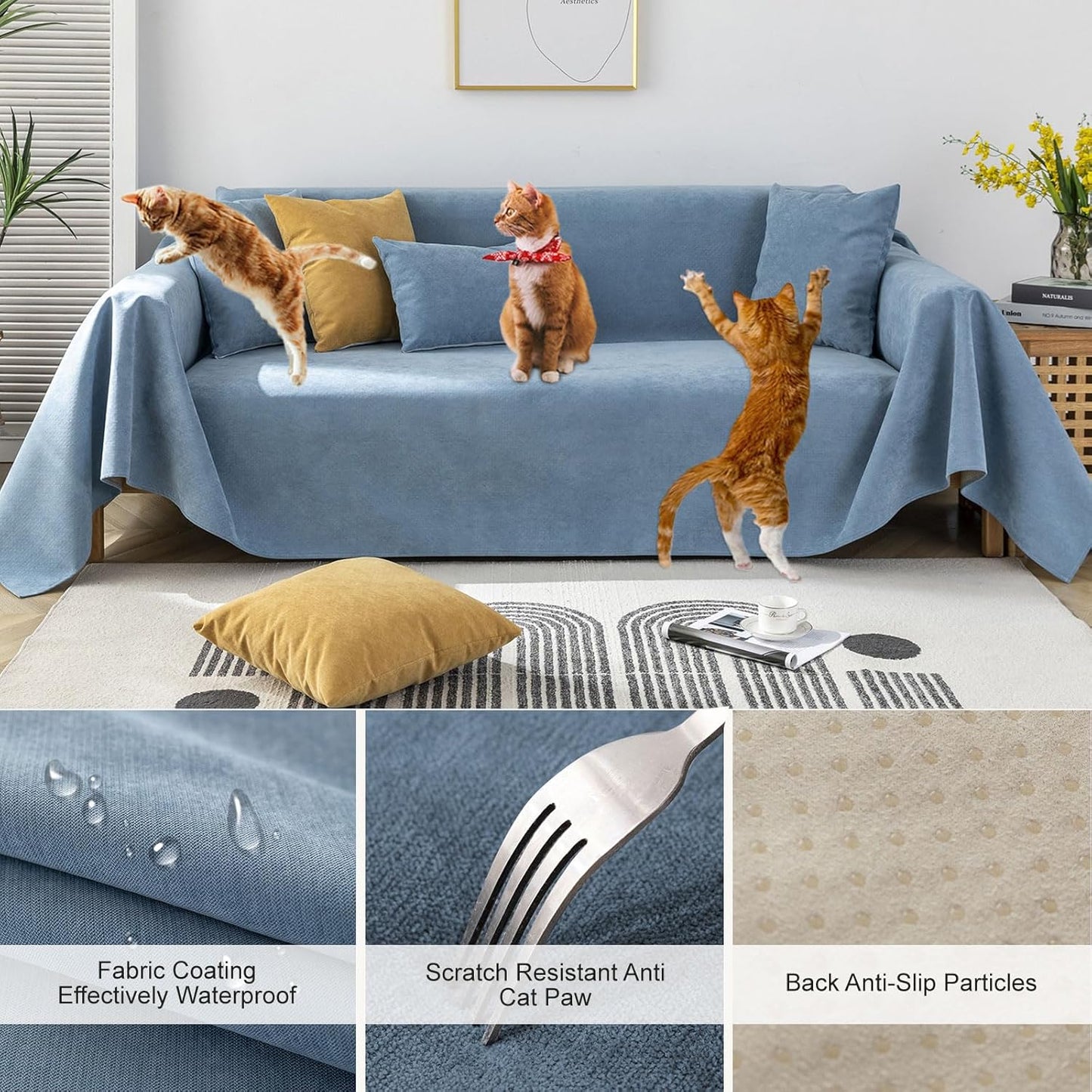 STACYPIK Blue Waterproof Sofa Cover, Anti-Slip Couch Covers for Pets, Anti-Scratch Furniture Protector for 2 Cushion Couch, Washable Leakproof Loveseat Cover for Sectional, Sofa Slipcover-71 x118IN