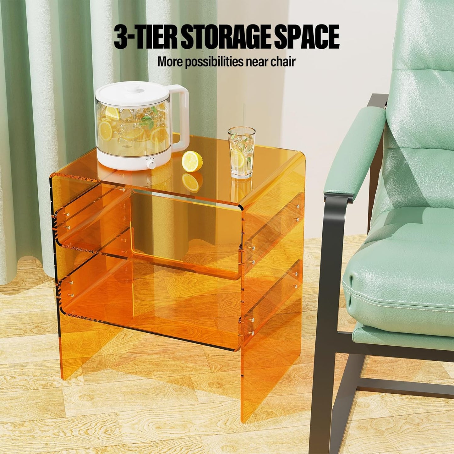 Acrylic 2-Tier Side Table with Storage Mini Modern End Table/Nightstand with Double Shelves for Bedroom, Living Room, and Bathroom Easy Assembly Orange