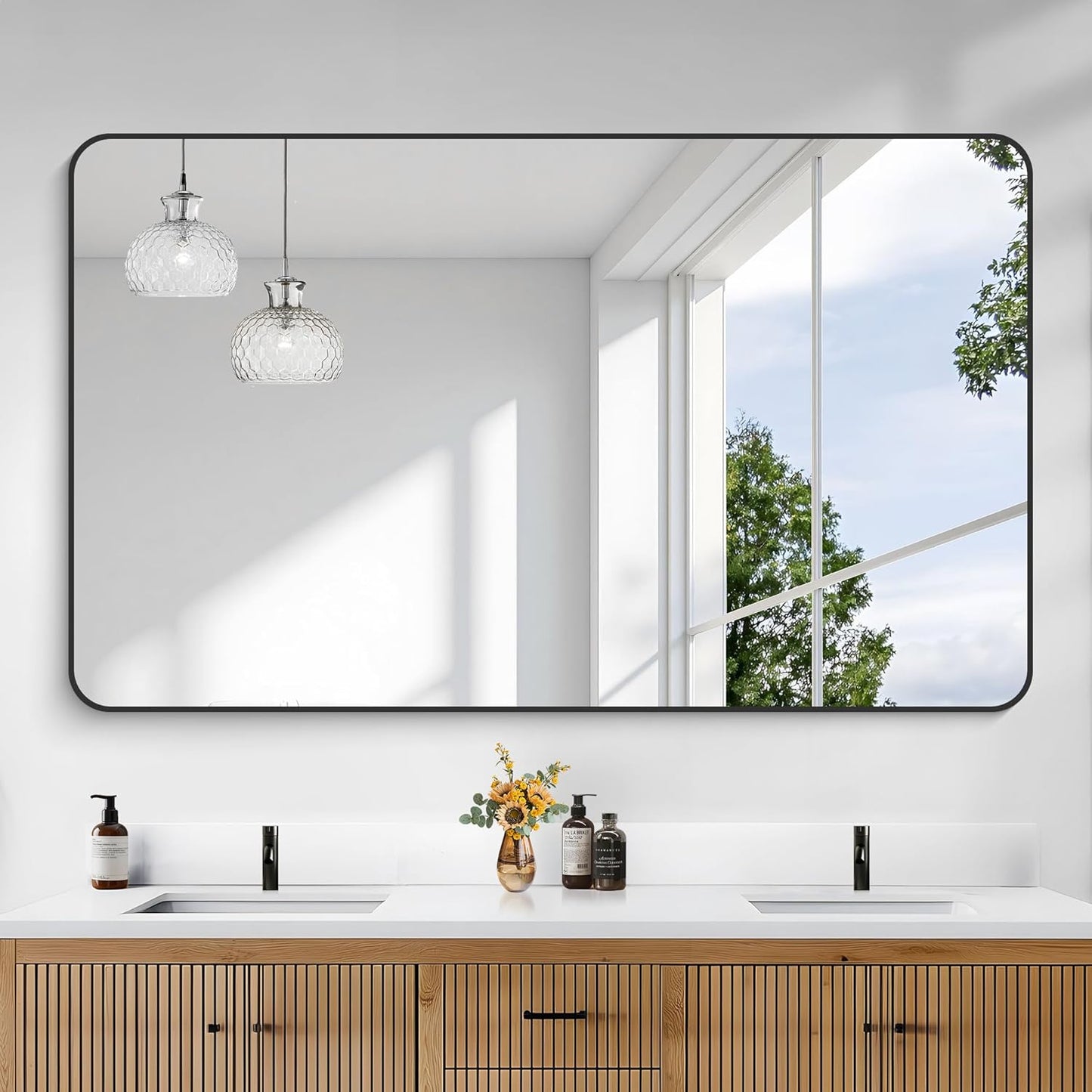 KOCUUY Black Bathroom Mirror 60"x36", Large Vanity Mirror with Rounded Corner, Metal Black Frame with Mordern Design for Bathroom, Living Room, Entryway, Hang Horizontal/Vertical