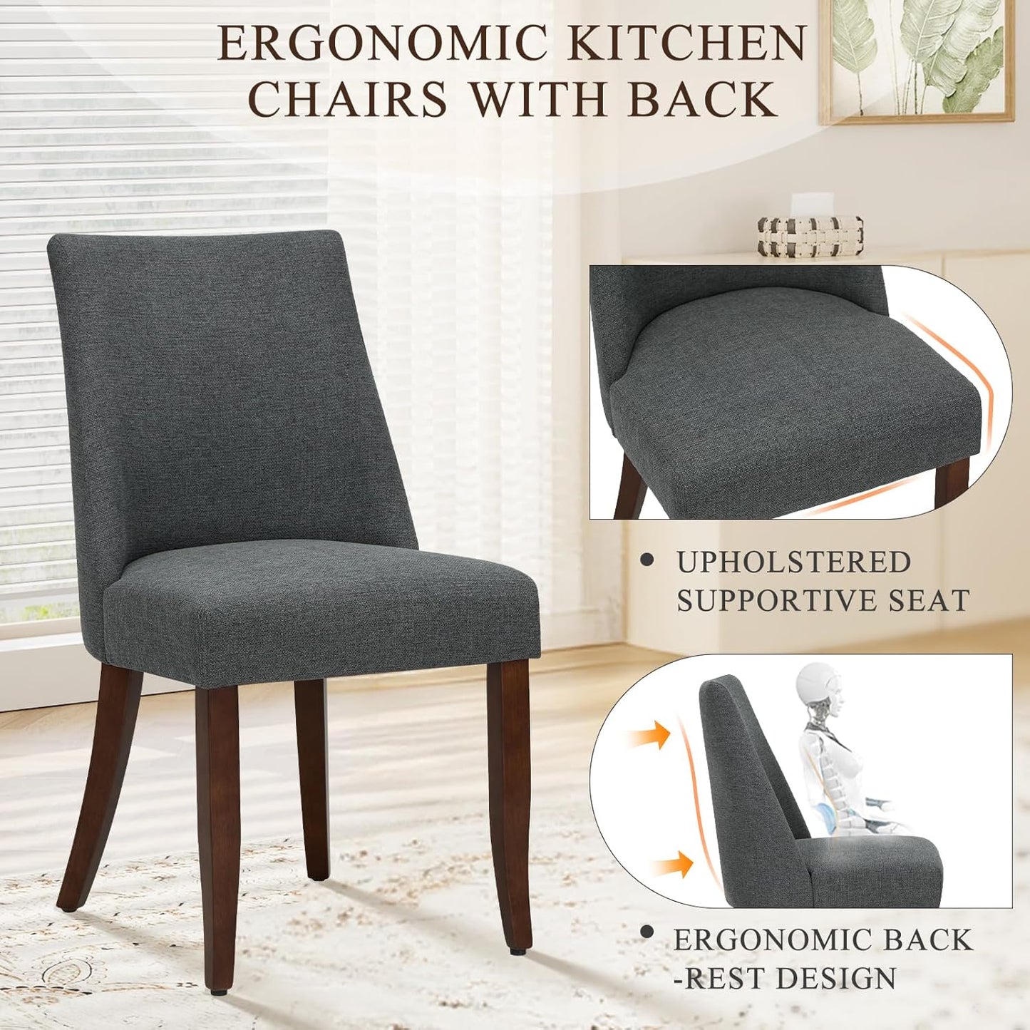 COLAMY Upholstered Dining Chairs Set of 4, Mid Century Modern Kitchen Chairs with Back, Farmhouse Fabric Side Dining Room Chairs with Wood Legs for Dining Room Restaurant, Dark Grey
