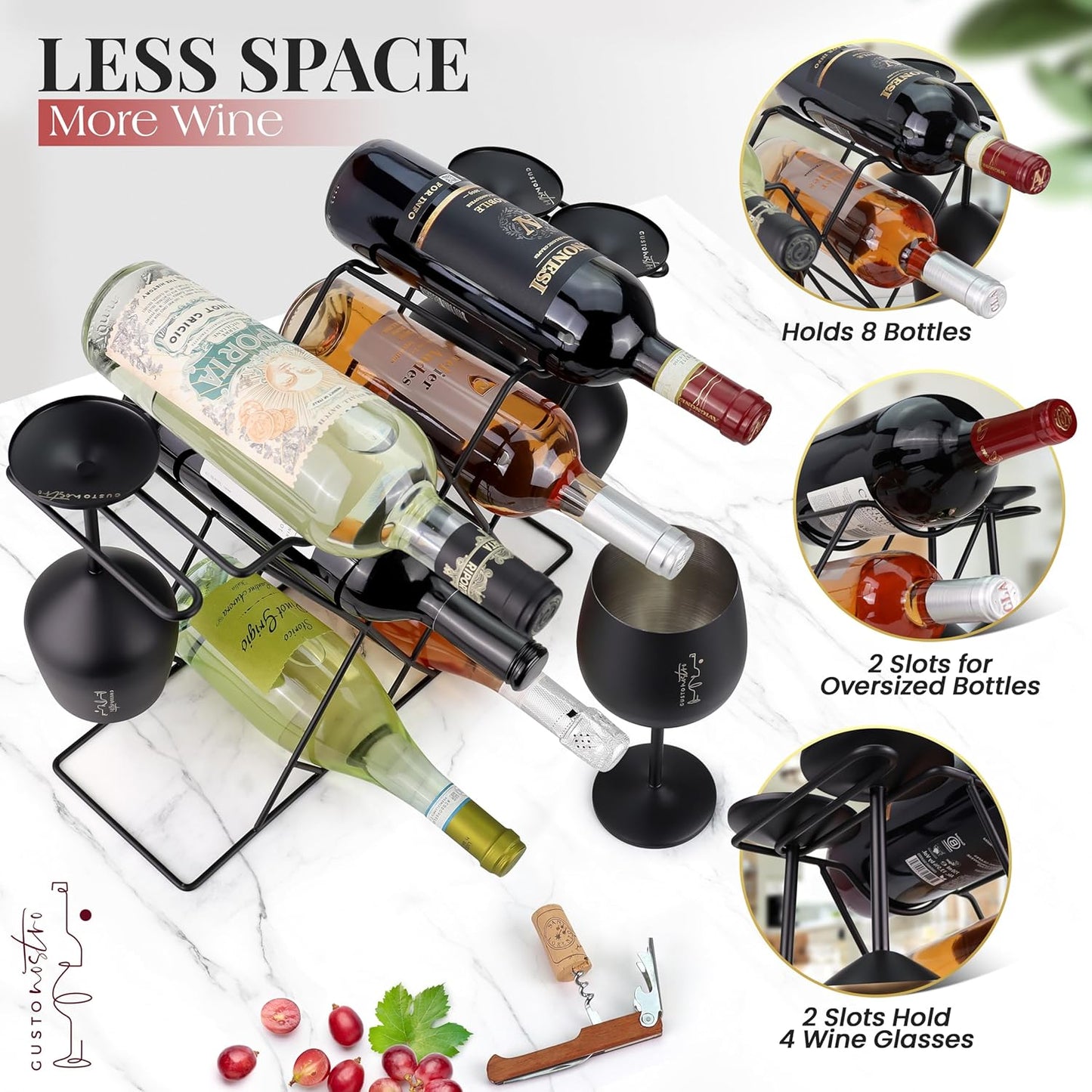 Gusto Nostro Small Wine Racks Countertop Storage for 8 Bottles & 4 Glasses - Countertop Wine Rack with Glass Holder, Modern Tabletop Black Wine Rack, Wine Holder Stand for Kitchen Cabinet Wine Cellar