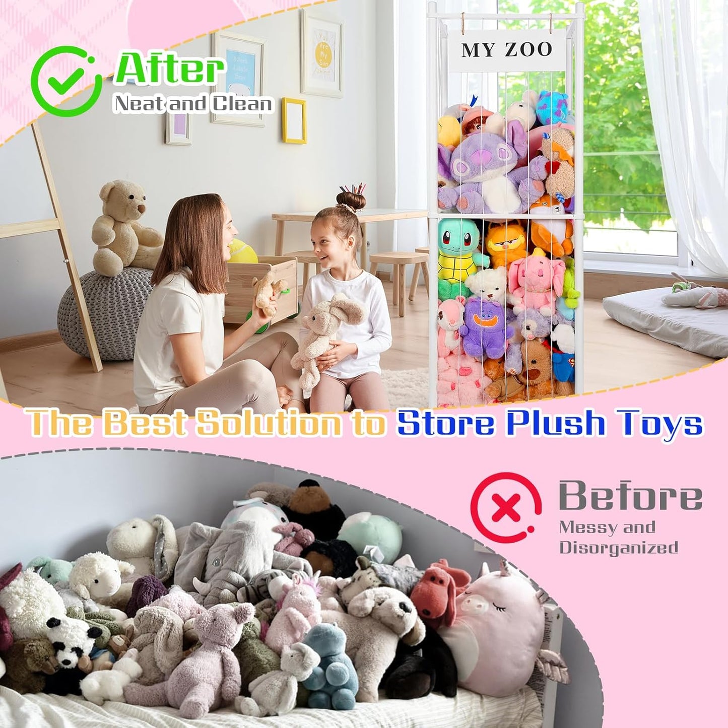 Stuffed Animal Storage Zoo, Wooden Stuffed Animal Organizer with Elastic Cords for Boys Girls, Space Saving Toy Plushies Storage Holder for Playroom, Bedroom, Living Room (White, Large)