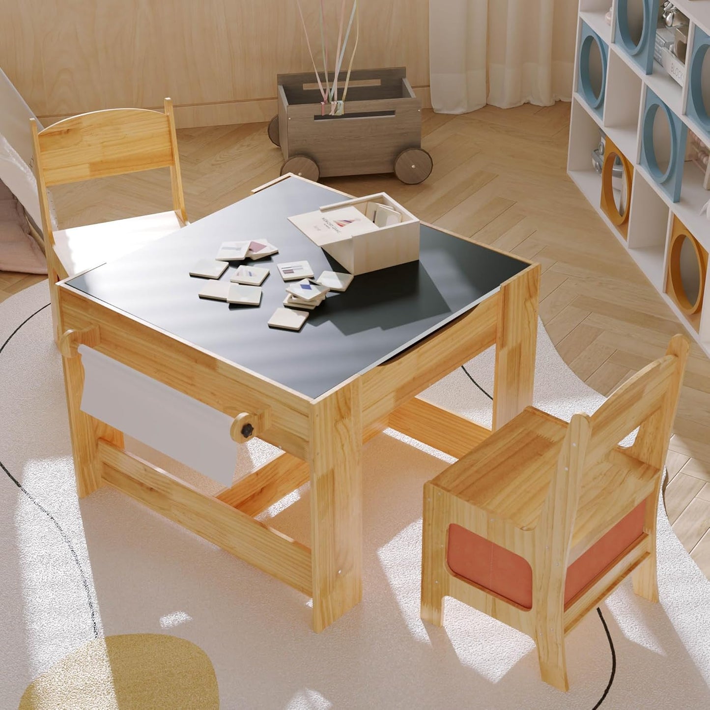 Pinewood Kids Table and Chair Set, 3 in 1 Toddlers Wooden Art Activity Table Desk with Chairs and Storage, Children Removable Tabletop, Blackboard, Natural