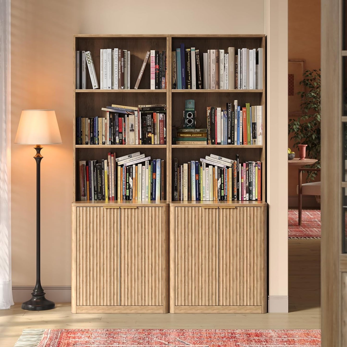 71" Oak Bookcase with Doors, 5-Tier Fluted Tall Bookshelf with Storage, Librero with Cabinet for Home Office, Living Room,or Bedroom