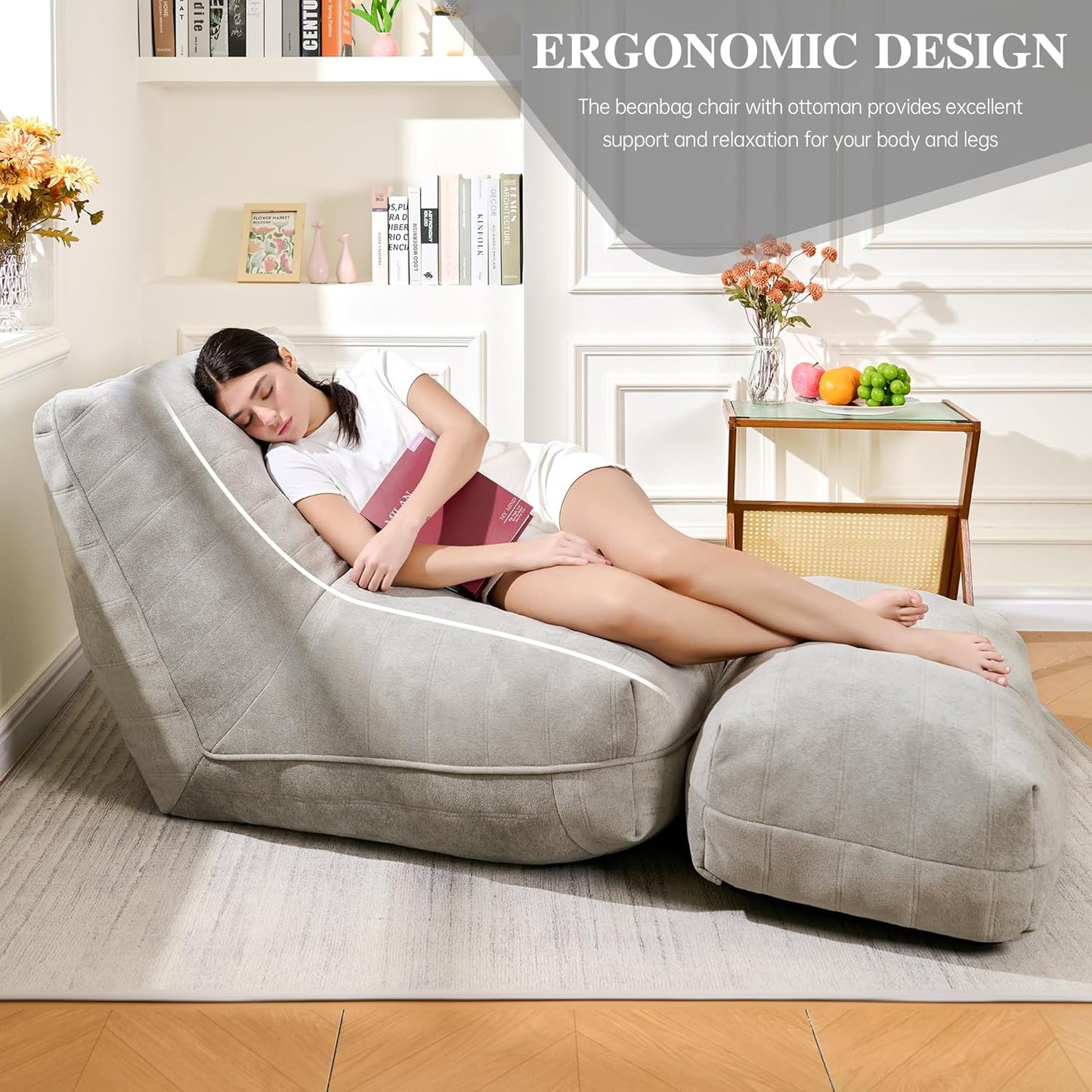 Bean Bag Chair with Ottoman, Comfy Bean Bag Sofa with Memory Foam, Lazy BeanBag Sofa with Footstool, Fireside Bean Bag Couch for Living Room, Bedroom, Apartment (Gray)