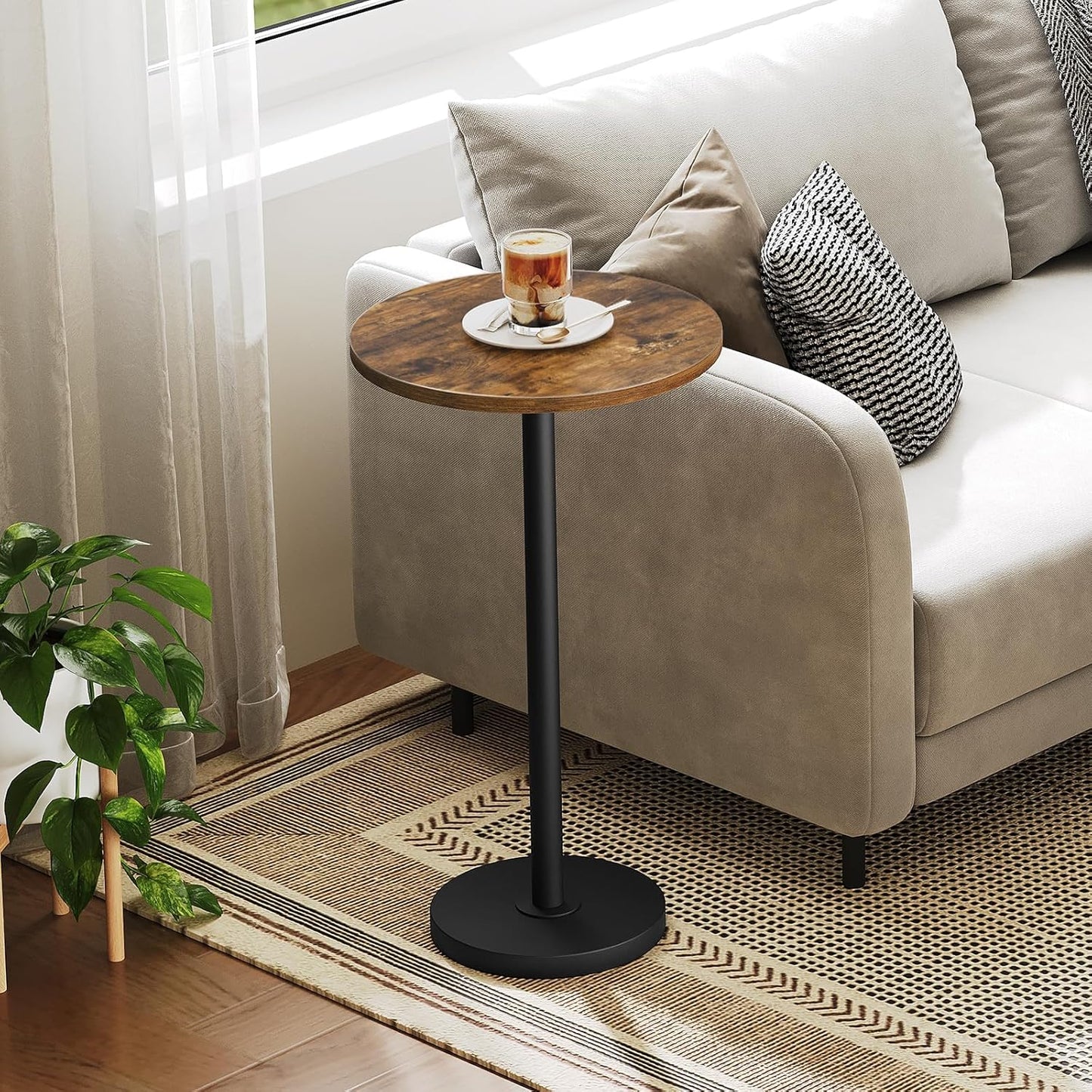 Round Side End Table for Small Spaces, Pedestal Style Martini Drink Side Table in Living Room, Bedroom, Dormitory, Rustic Brown and Black ET30BR