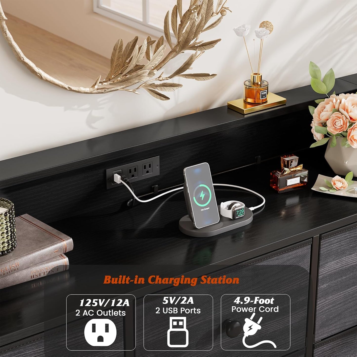 Nicehill 9 Drawer Dresser for Bedroom, TV Stand for Bedroom, Black Dresser with LED Light, Fabric Chests of Drawers for Hallway Entryway (Black Wood Grian)