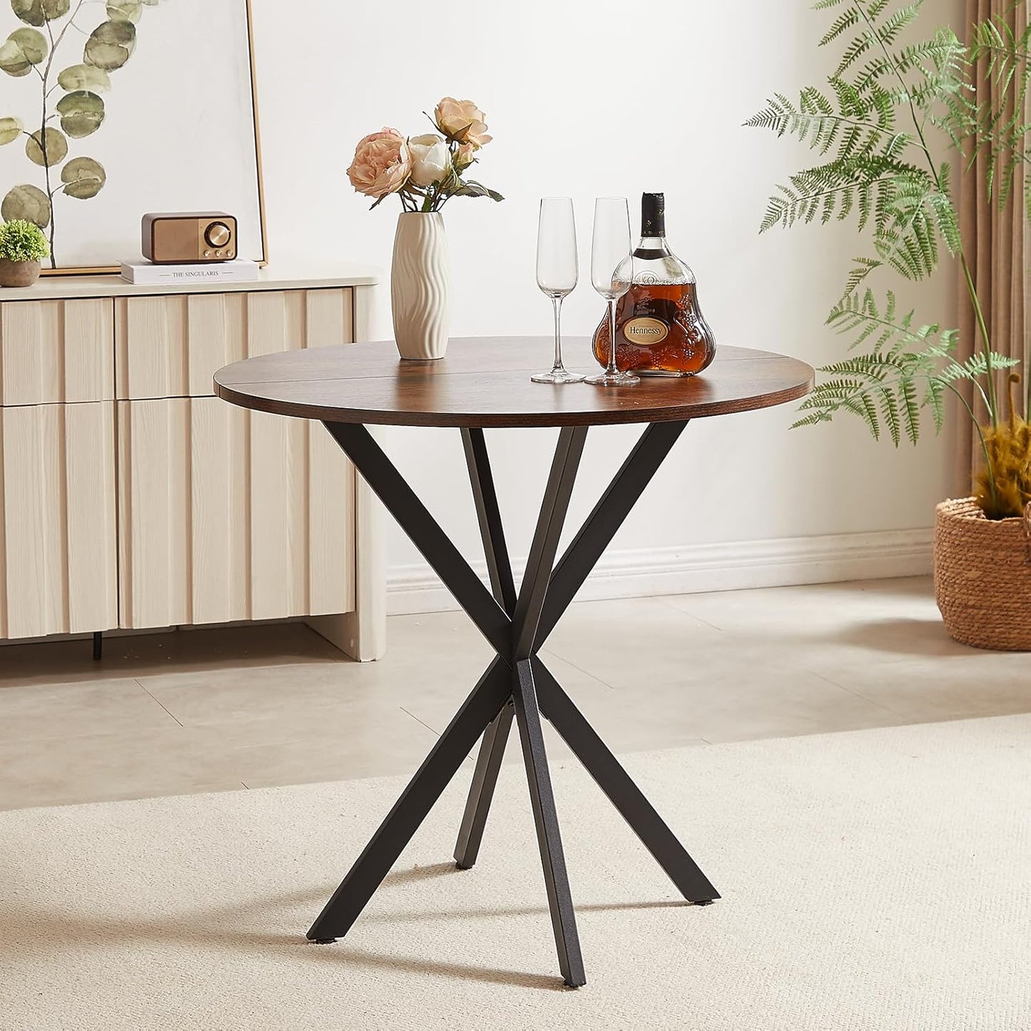 Unovivy 31.5" Small Round Dining Table for 2-4, Space Saving Circle Kitchen Dinner Table, Industrial Mid Century Modern Dining Room Desk for Kitchen, Apartment, Rustic Brown