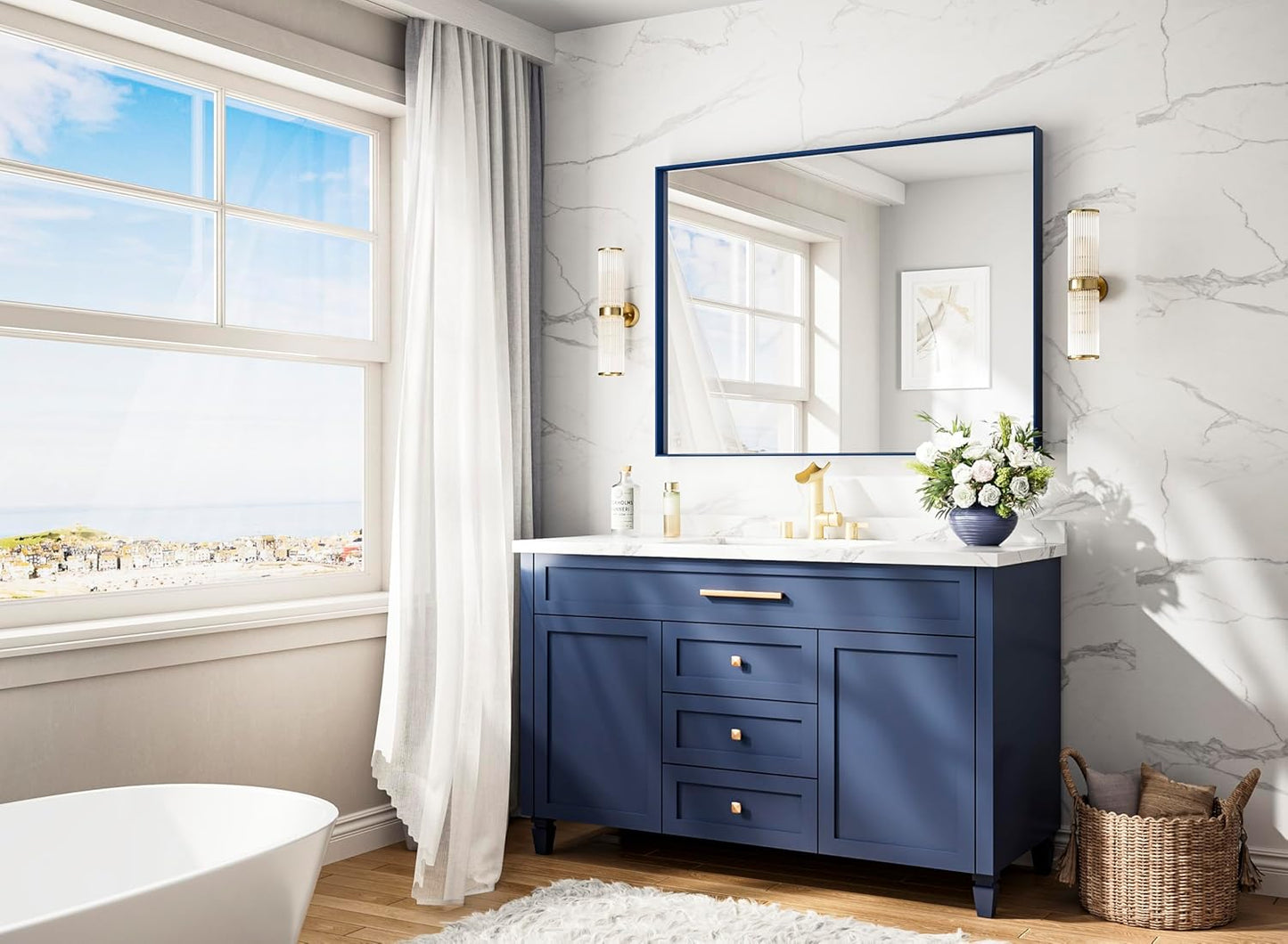 Keonjinn Blue Bathroom Mirror 40 x 30 Inch, Metal Frame Rectangular Wall Mirror, Modern Farmhouse Navy Blue Mirrors, Large Square Corner Rectangle Mirrors for Over Sink