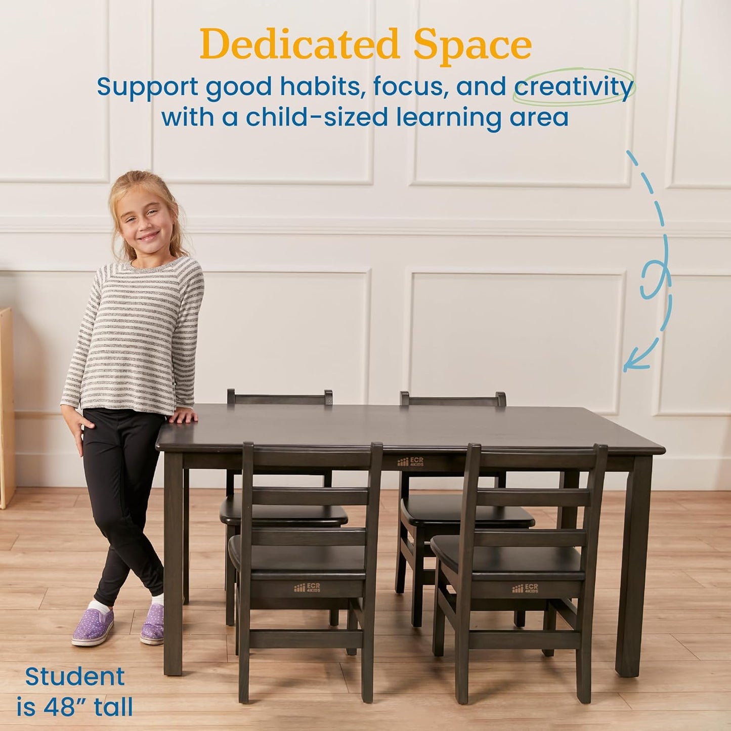 ECR4Kids 24in x 48in Rectangular Hardwood Table and Chair Set, 12in Seat Height, Kids Furniture, Grey Wash