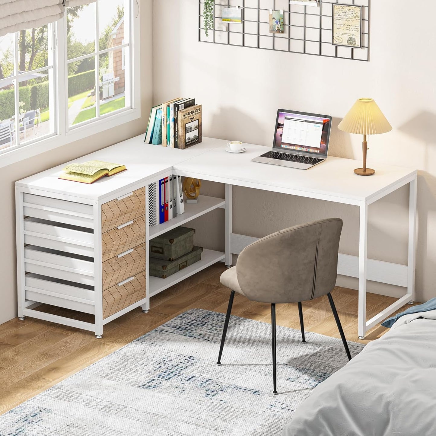 LITTLE TREE 59-Inch L Shaped Desk with Drawers, Large Computer Desk with Storage Shelves, Reversible L-Shaped Corner Desk Workstation for Home Office