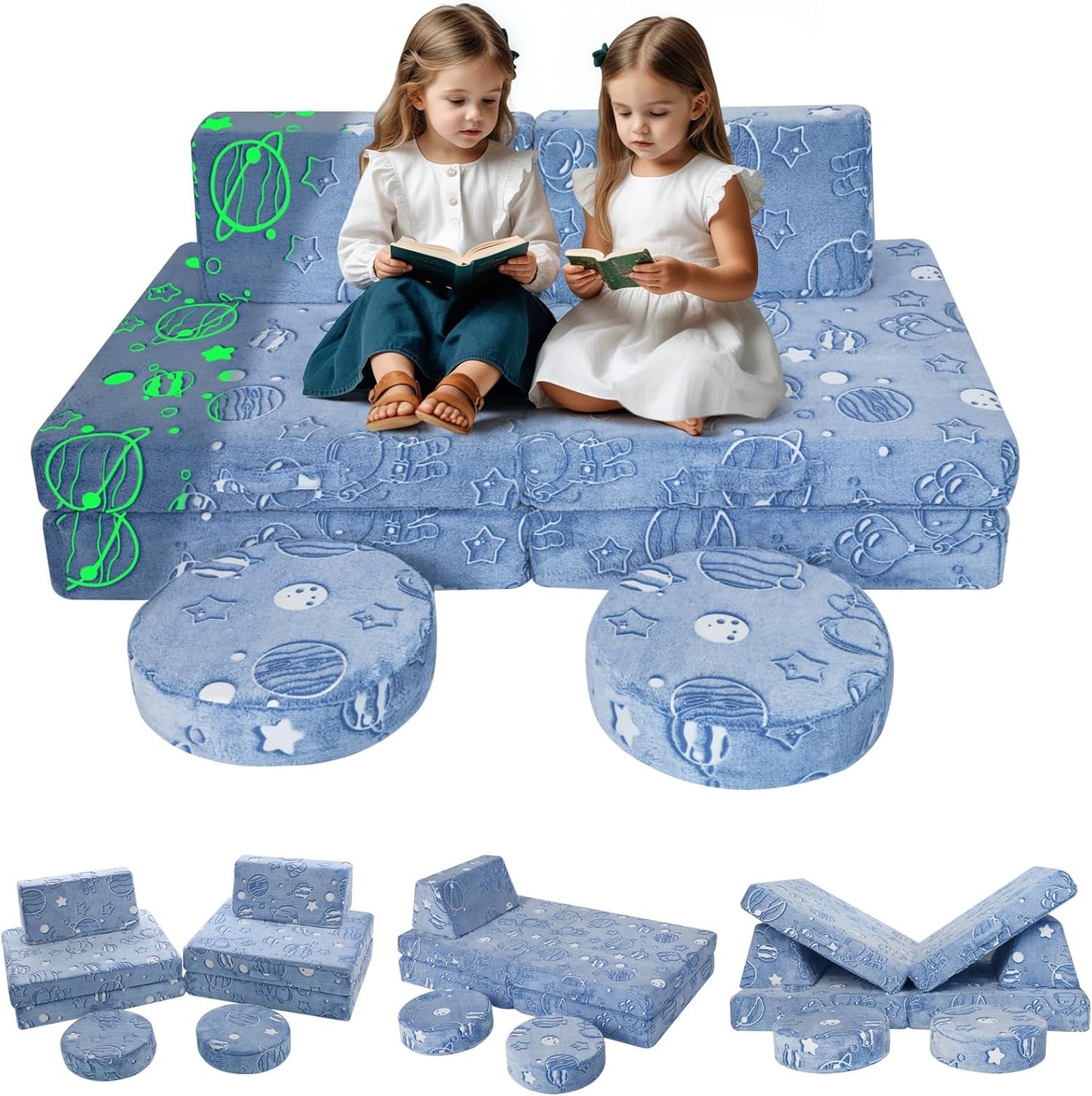 MeMoreCool Modular Glow Sofa for Kids, Space-Themed 8-Piece Convertible Foam Couch Play Set with Celestial Patterns for Toddlers and Playroom