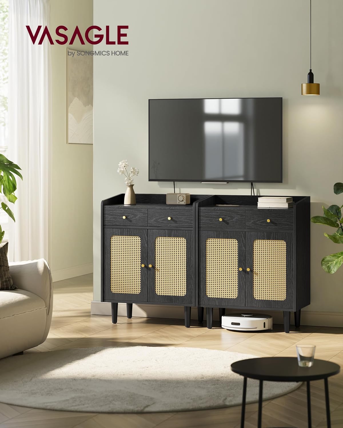 VASAGLE BOHOVEN Collection - Buffet Cabinet, Sideboard Storage Cabinet with Rattan-Like Doors and Drawers, Accent Cabinet, Adjustable Shelf, Boho Style, for Living Room, Ebony Black
