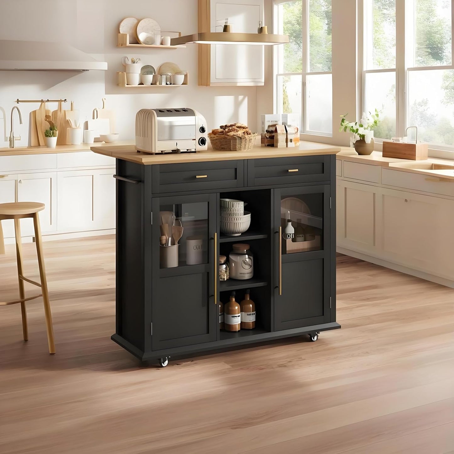 Mobile Modern Storage Island,Rolling Kitchen Island with Drop Leaf - Door Cabinet, Drawer, Bar Cart with Cabinet, Portable Cart Island Table for Kitchen, Black