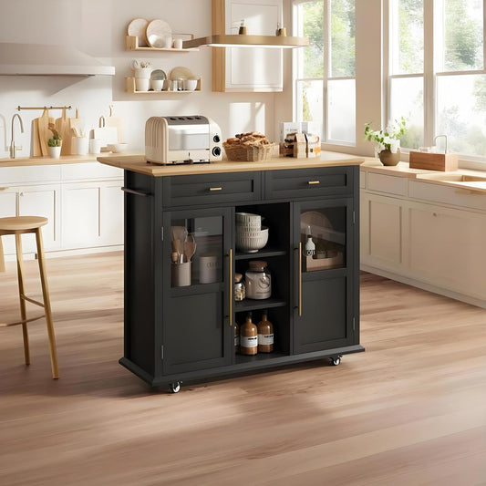 Mobile Modern Storage Island,Rolling Kitchen Island with Drop Leaf - Door Cabinet, Drawer, Bar Cart with Cabinet, Portable Cart Island Table for Kitchen, Black