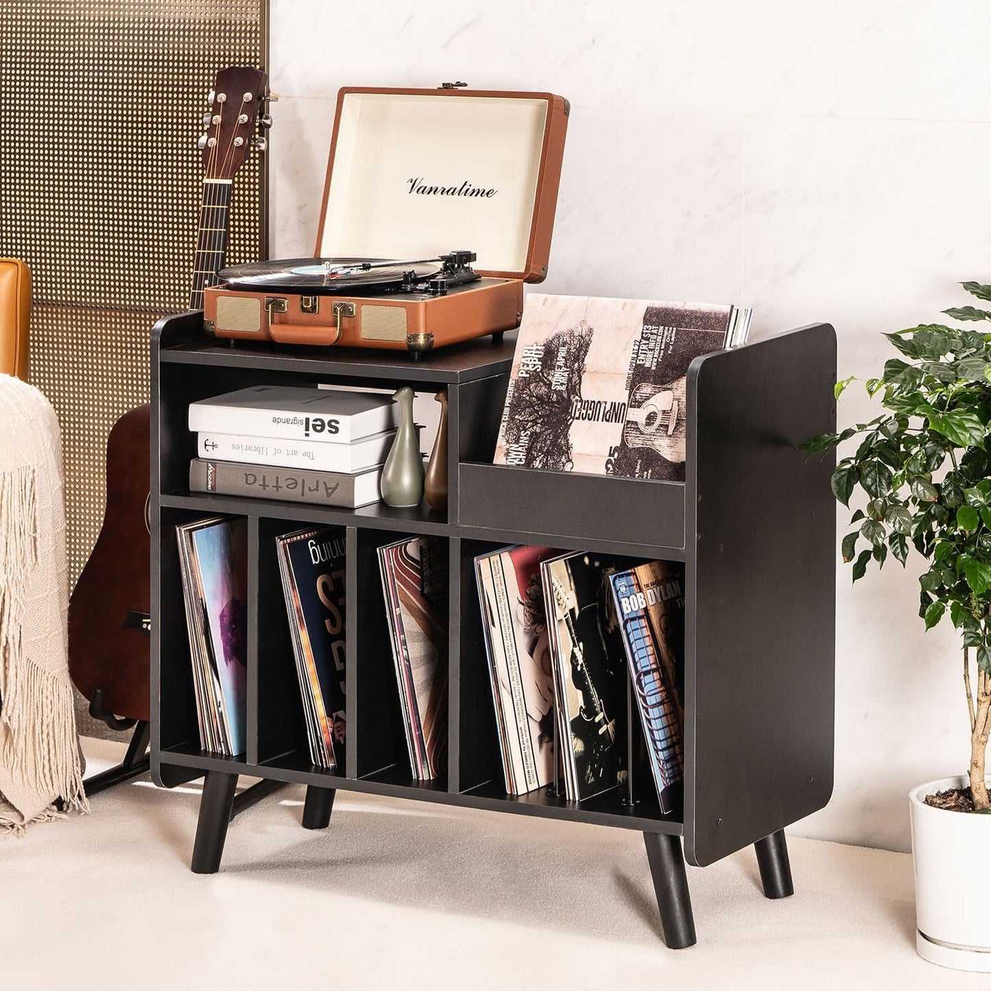 Record Player Stand, Large Record Player Table Cabinet with Open Vinyl Storage and Display Shelf Holds up to 350 Albums, Mid Century Wood Turntable for Living room