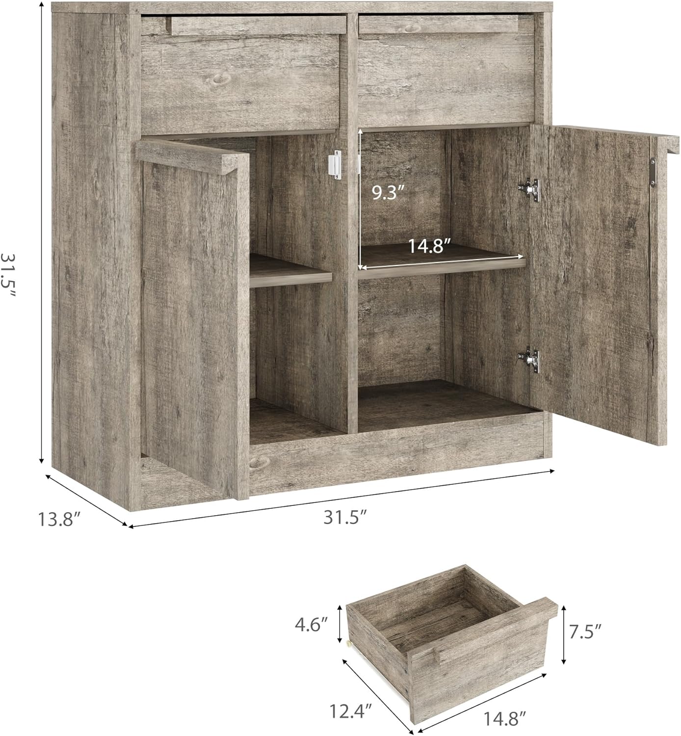 GarveeHome Sideboard Buffet Cabinet with 2 Drawers, 31.5" Large Coffee Cabinet with Storage, Modern Storage Buffet Table for Kitchen Dining Room, Living Room (Grey, 2 Doors & 2 Drawers)