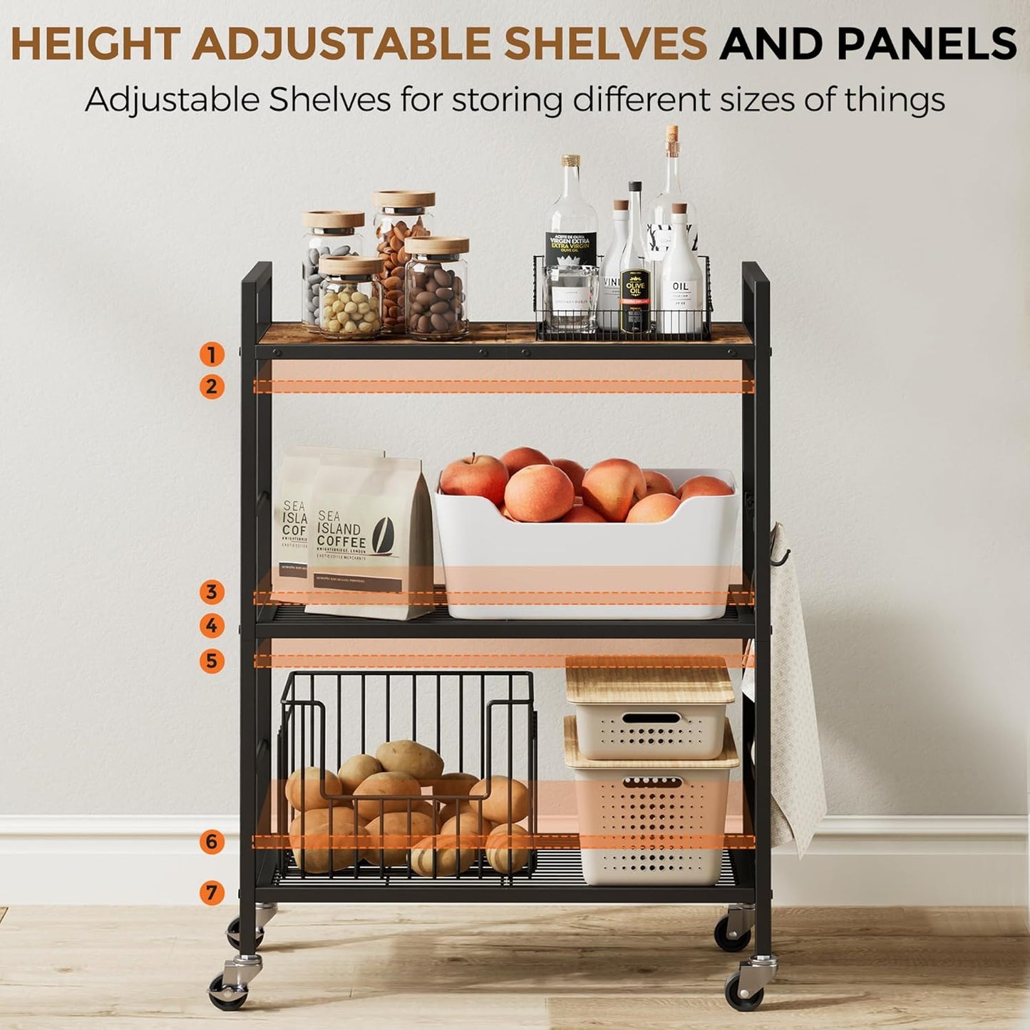 3-Tier Metal Storage Rack with Industrial Wheels,Mesh Shelving Unit with Wooden Table top,Adjustable Shelf,23.6-Inch Width,for Kitchen,Laundry,Pantry,Plant,Black