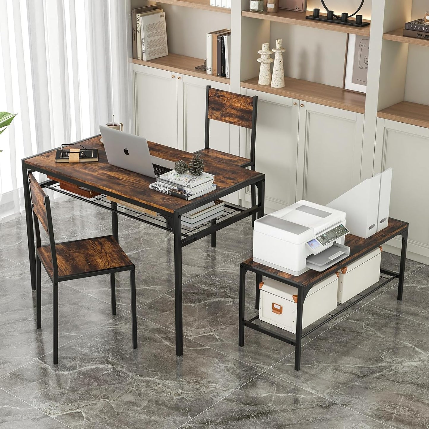 Giantex Dining Table Set for 4, Kitchen Table with Chairs & Bench, Storage Racks, Metal Frame, 4-Piece Space-Saving Dinette Set for Dining Room, Breakfast Nook, Small Space, Apartment,Rustic Brown