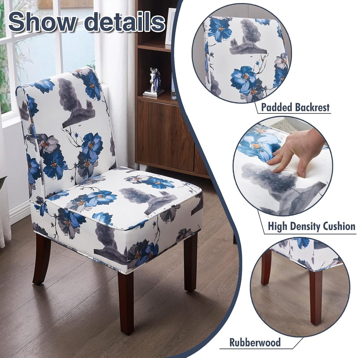 Chair Dining, Upholstered Dining Chair, Accent Chair with Solid Wood Legs and Padded Seat, White Velvet with Ink Paint Pattern Armless Accent Chair for Living Room, Bedroom, Kitchen…