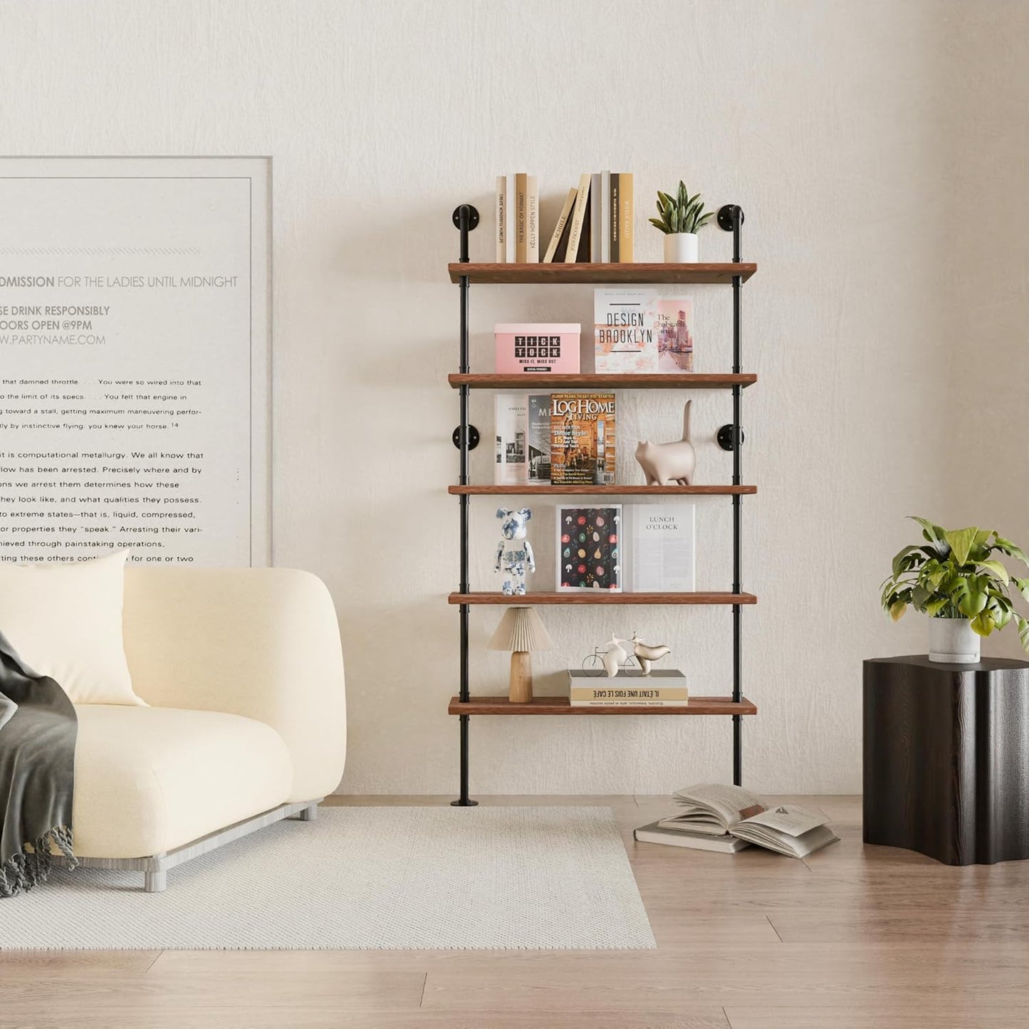 5 Tier Industrial Ladder Shelf Bookcase, Wall Mounted Wood Metal Pipe Rustic Bookshelf for Living Room (Weathered Brown, 10" D x 36" W x 70" H)