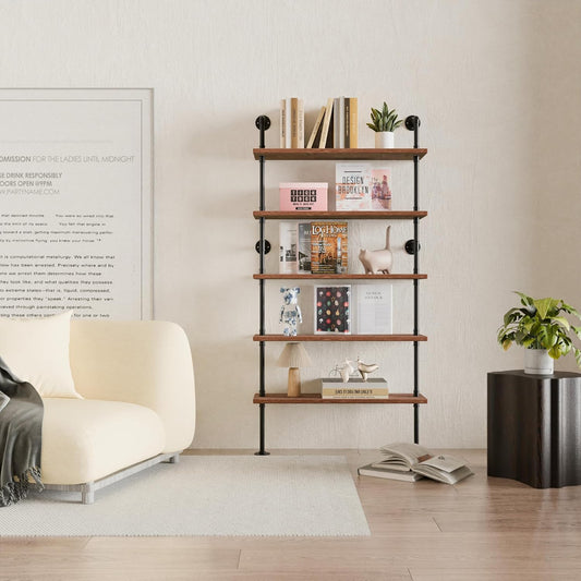 5 Tier Industrial Ladder Shelf Bookcase, Wall Mounted Wood Metal Pipe Rustic Bookshelf for Living Room (Weathered Brown, 10" D x 36" W x 70" H)