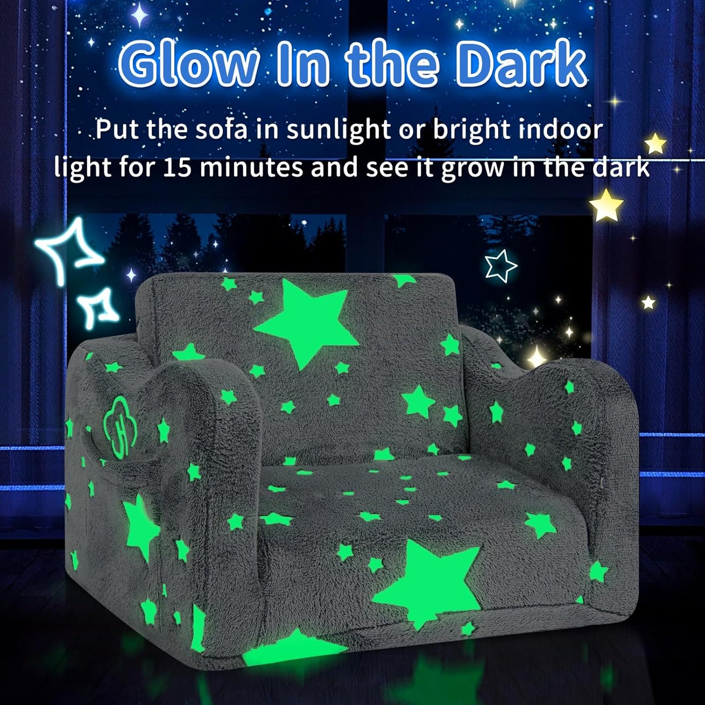 Kids Couch for Toddlers, 2-in-1 Kids Sofa Toddler Couch Chair Glow in The Dark, Comfy Soft Foldable Kid Chair for Girls and Boys