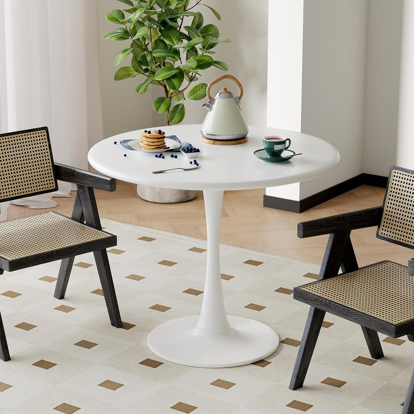 White Round Dining Table for 2 Person, 24 Inch Small Tulip Table with Metal Pedestal for Living Room, Mid Century Modern Kitchen Table for Kitchen, Office, Pub, Bar, Bistro, Circle Cafe Tables