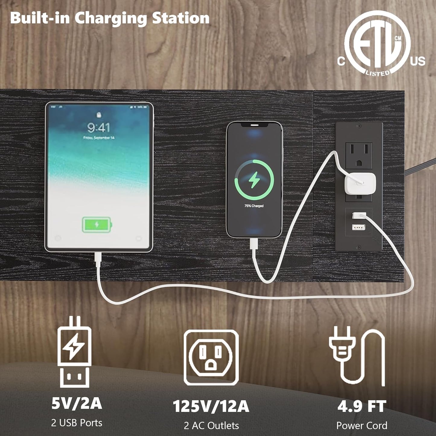 End Table Set 2 with Charging Station, Narrow Side Table with 2 Fabric Drawers, Skinny Nightstand with LED Light, Slim Bedside Table for Bedroom, Living Room, Small Spaces, Black