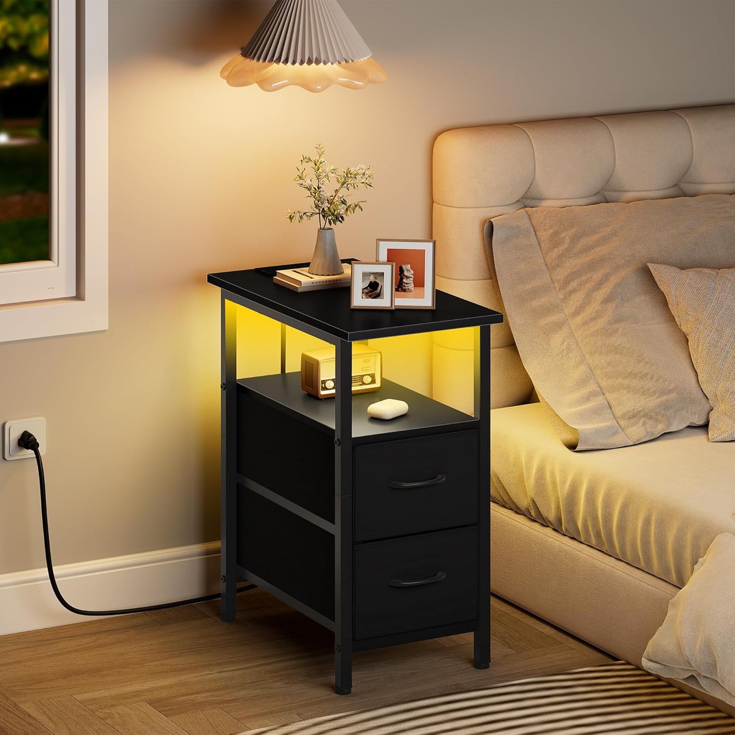 Vagusicc Set of 2 Black Nightstand with Charging Station and LED Lights, Narrow Side Table, LED Night Stand with 2 Fabric Drawers, Bedside Table Small End Table, Tall Nightstand for Bedroom, Black