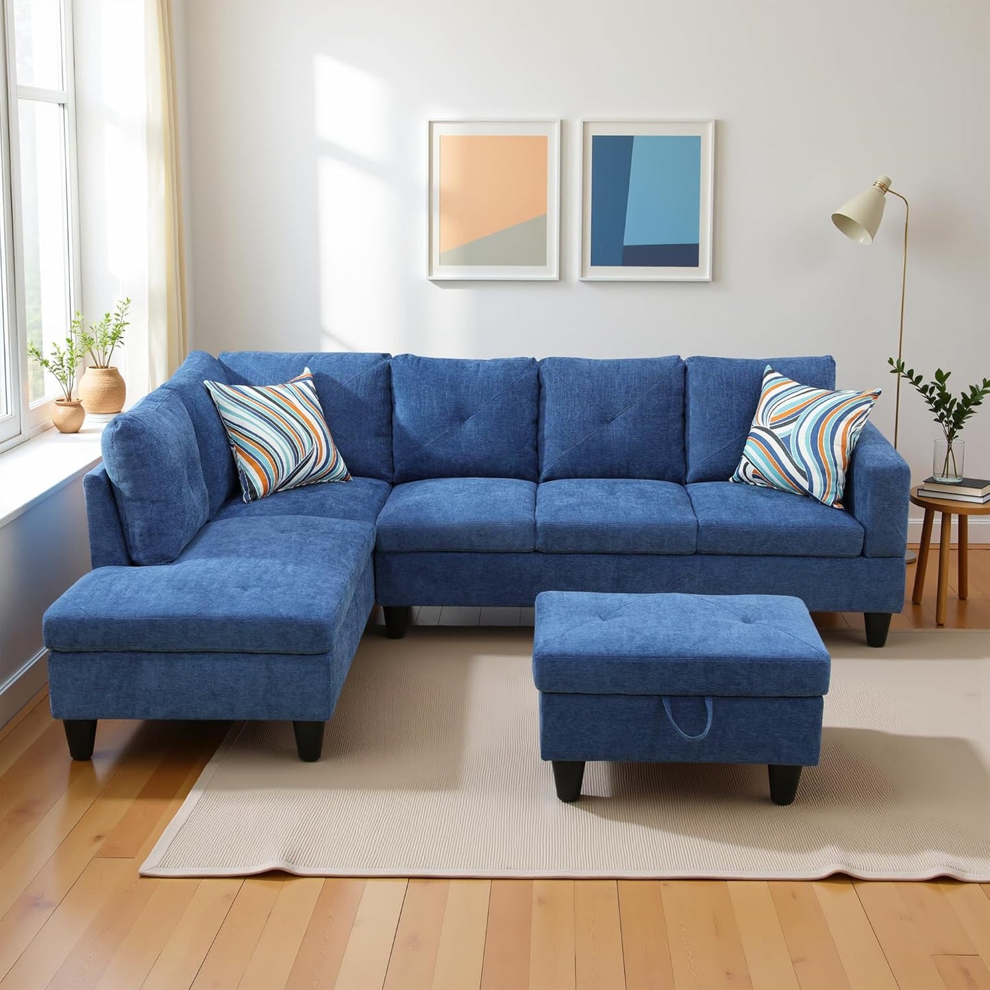 L Shaped Couch Modern Sectional Couch Upholstered Linen Fabric 3 Pieces Sofas for Living Room with Chaise, Storage Ottoman for Office and Small Apartment, Blue