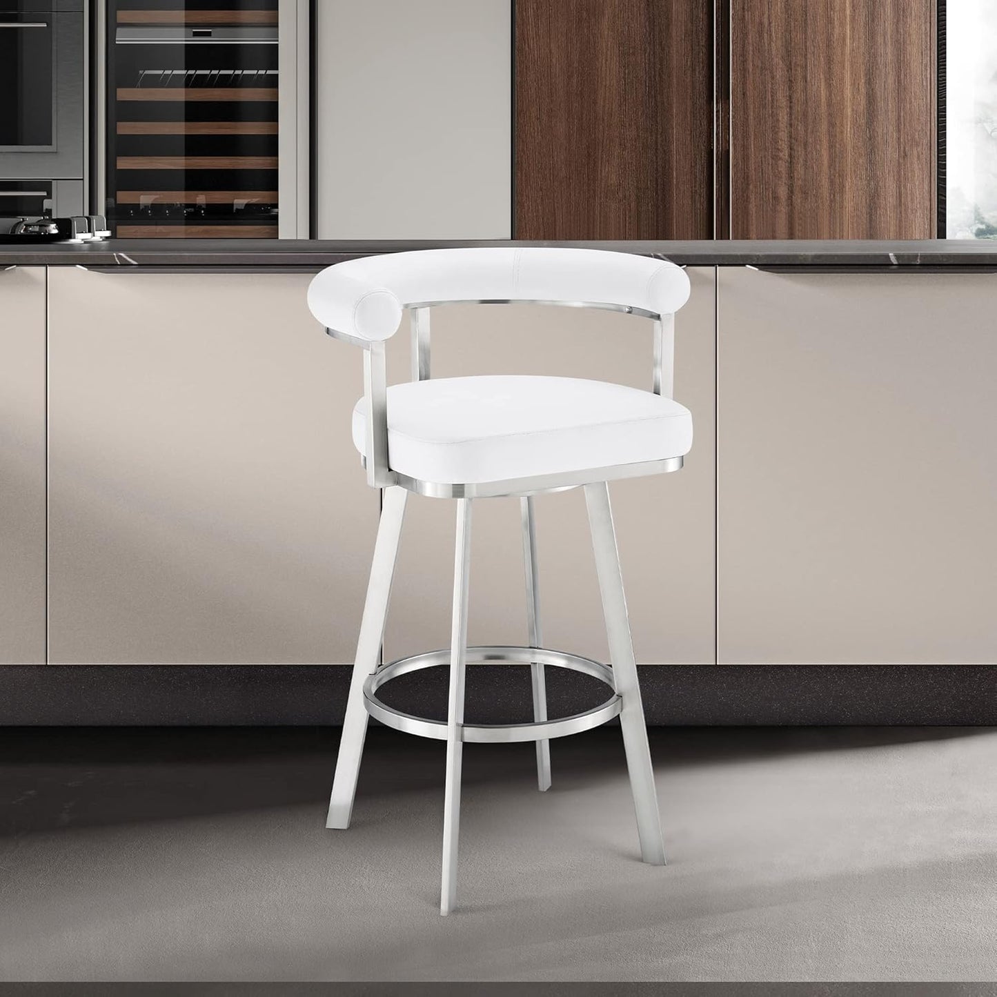 Armen Living Magnolia Swivel Counter Stool in Brushed Stainless Steel with White Faux Leather