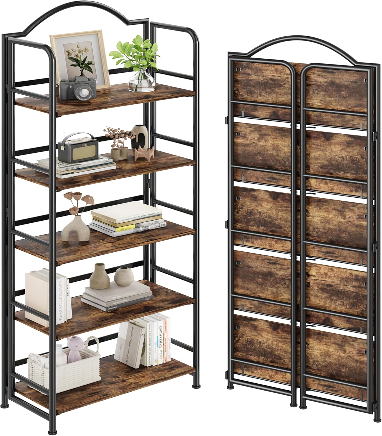 No-Assembly Folding Bookshelf Storage Shelves 5 Tiers Vintage Multifunctional Plant Flower Stand Storage Rack Shelves Bookcase for Home Office